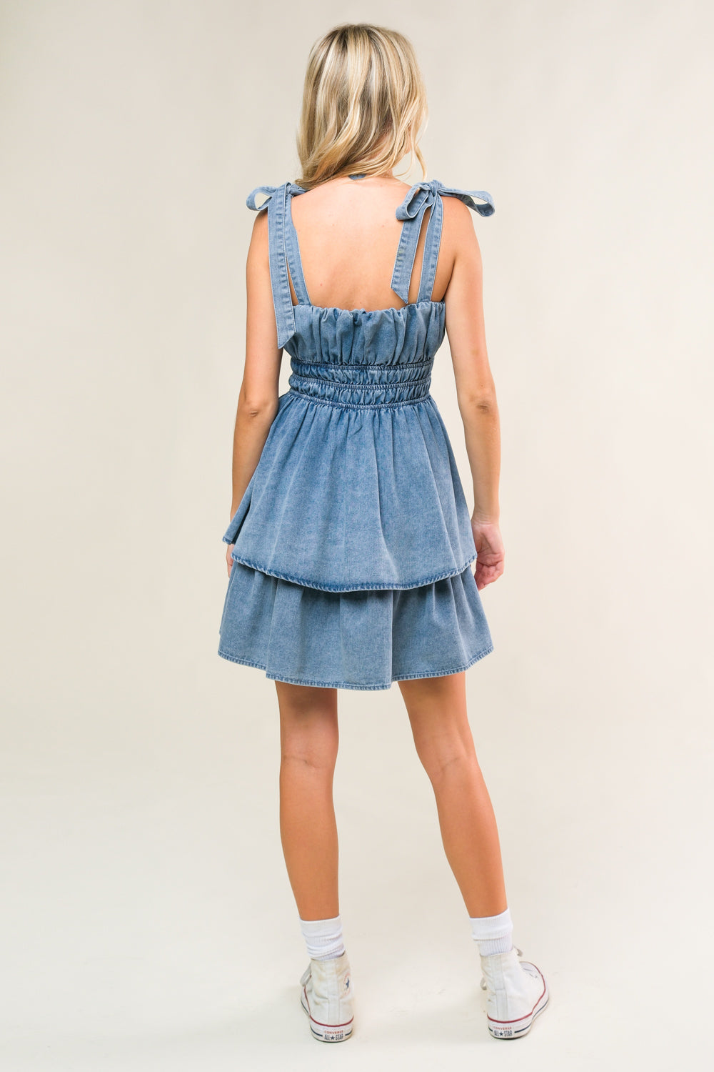 ALONG THE SHORELINE DENIM MINI DRESS - Women's Fashion Casual Stretch Denim Dress for Summer Beach Outings and Date Nights