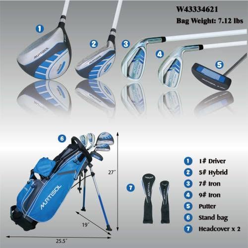 **Right Hand Junior Golf Club Set for Beginners - 8-10 Piece Full Set with Stand Bag & Cart Bag (Blue & Red) - Perfect for Kids & Students Learning Golf**