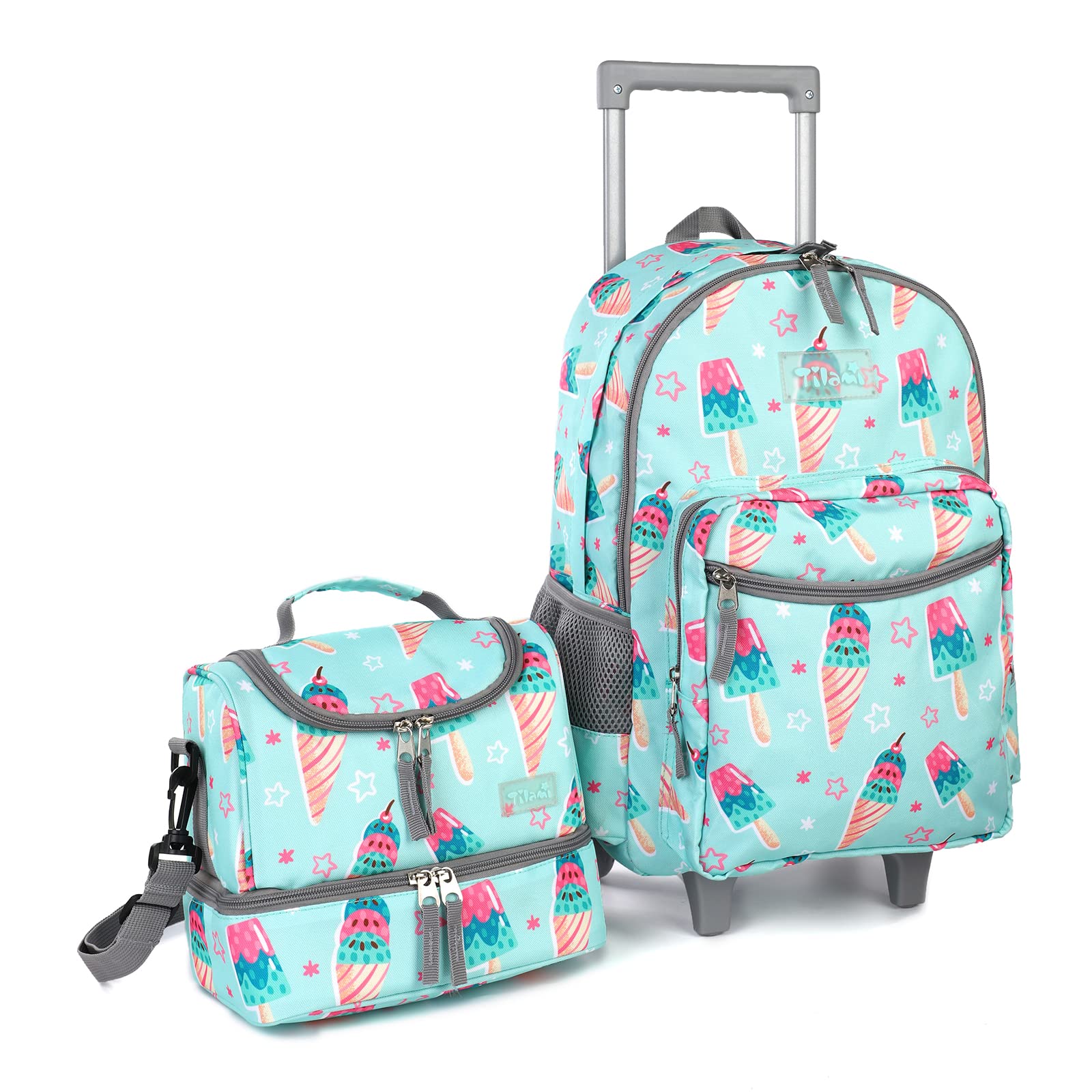Tilami 18 Inch Rolling Backpack for Kids with Double Handle & Lunch Bag - Wheeled School Backpack, Ice Cream Green - Perfect for School, Travel, and Daily Commute