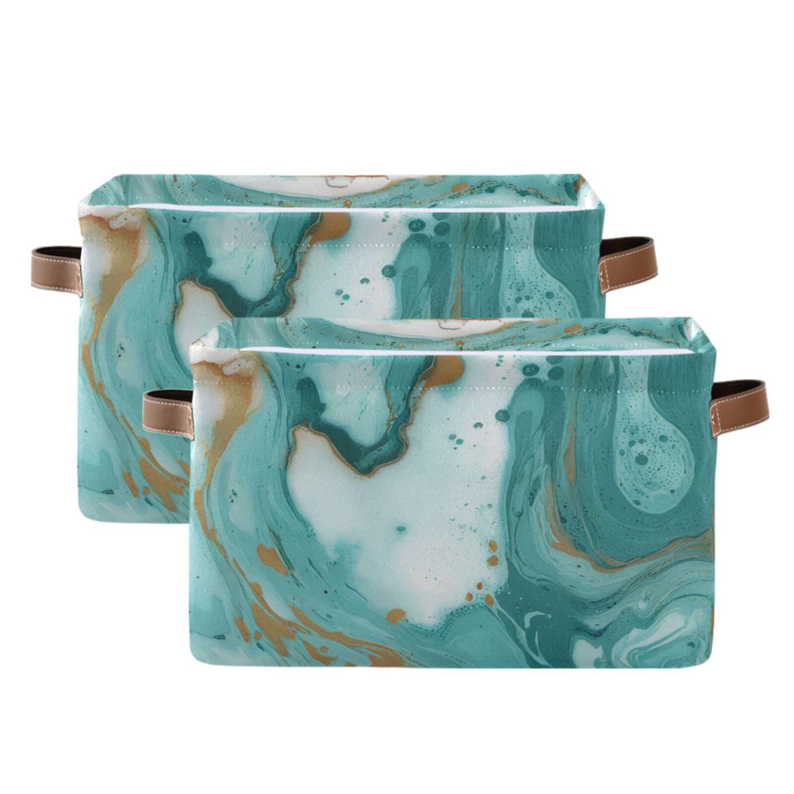Turquoise Marble Storage Baskets 2-Pack - Large 15x11x9.5 Inch Canvas Toy & Clothes Organizer Bin for Home, Office, Nursery & Bathroom Decor