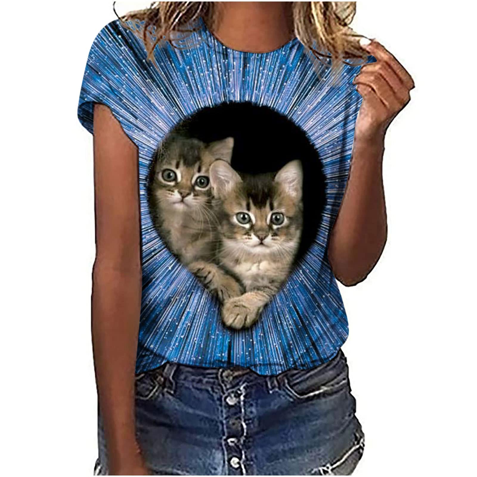 Funny 3D Cute Cat Print Women's Graphic T-Shirts - Short Sleeve Crewneck Summer Basic Tee for Casual Wear, Outfits & Gifts