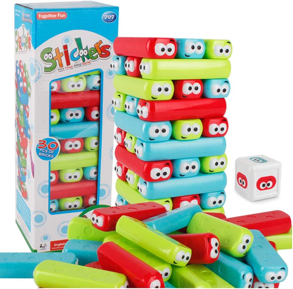 Wonuu Timber Tower Block Stacking Game - Colorful Cartoon Plastic Building Blocks for Kids, Educational Board Toy for Family Fun and Classroom Learning