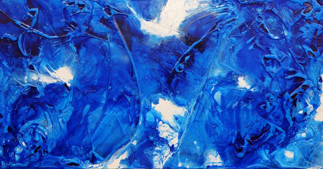 Blue Ink Textured Abstract Painting - 190cm x 100cm Sapphire Wash Canvas Wall Art for Living Room, Bedroom & Office Decor | Modern Large Artwork