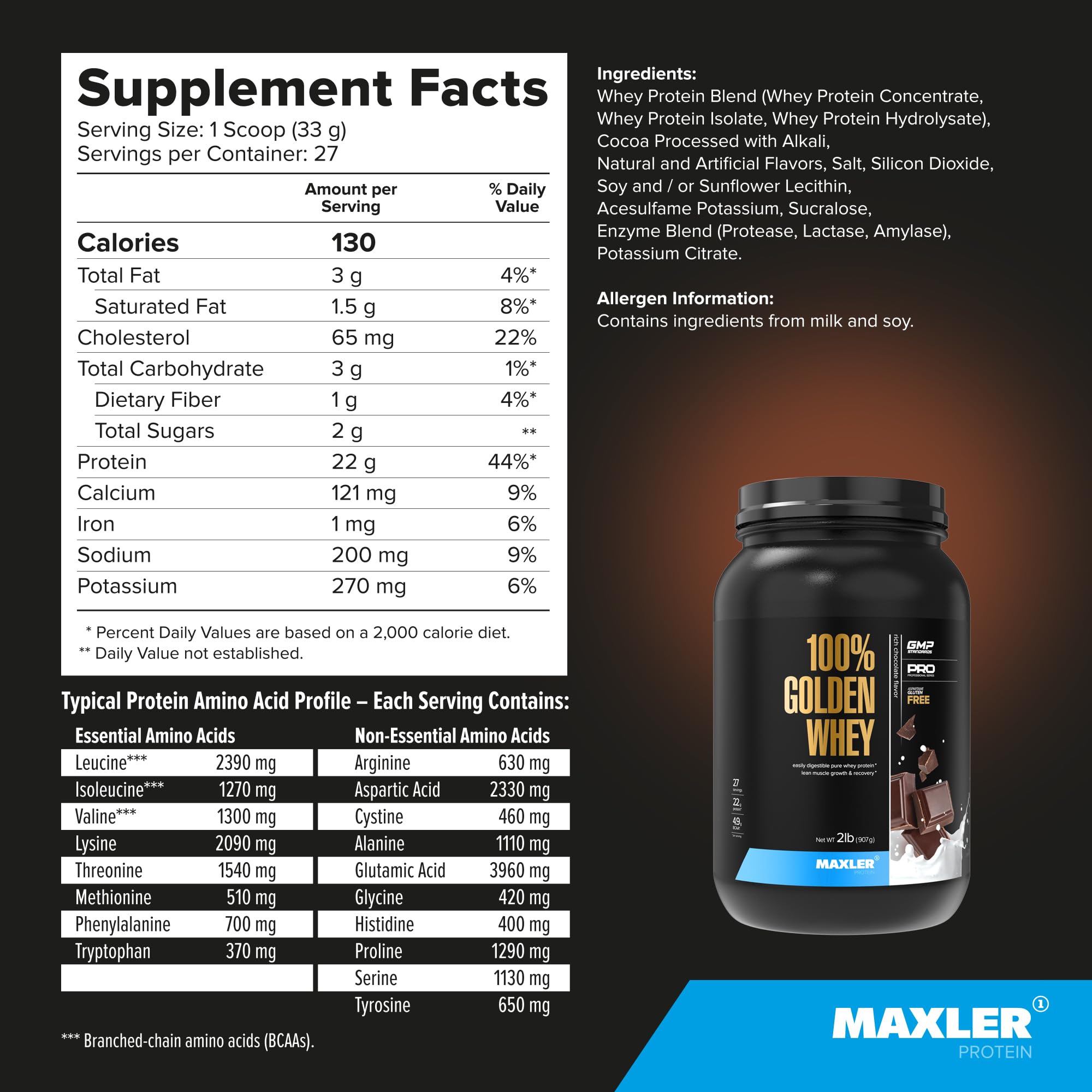 Maxler 100% Golden Whey Protein Powder - 22g Protein per Serving, Low Fat & Low Carb, Rich Chocolate Flavor (2 lbs) - Post-Workout Recovery & Muscle Building Supplement for Athletes & Fitness Enthusiasts