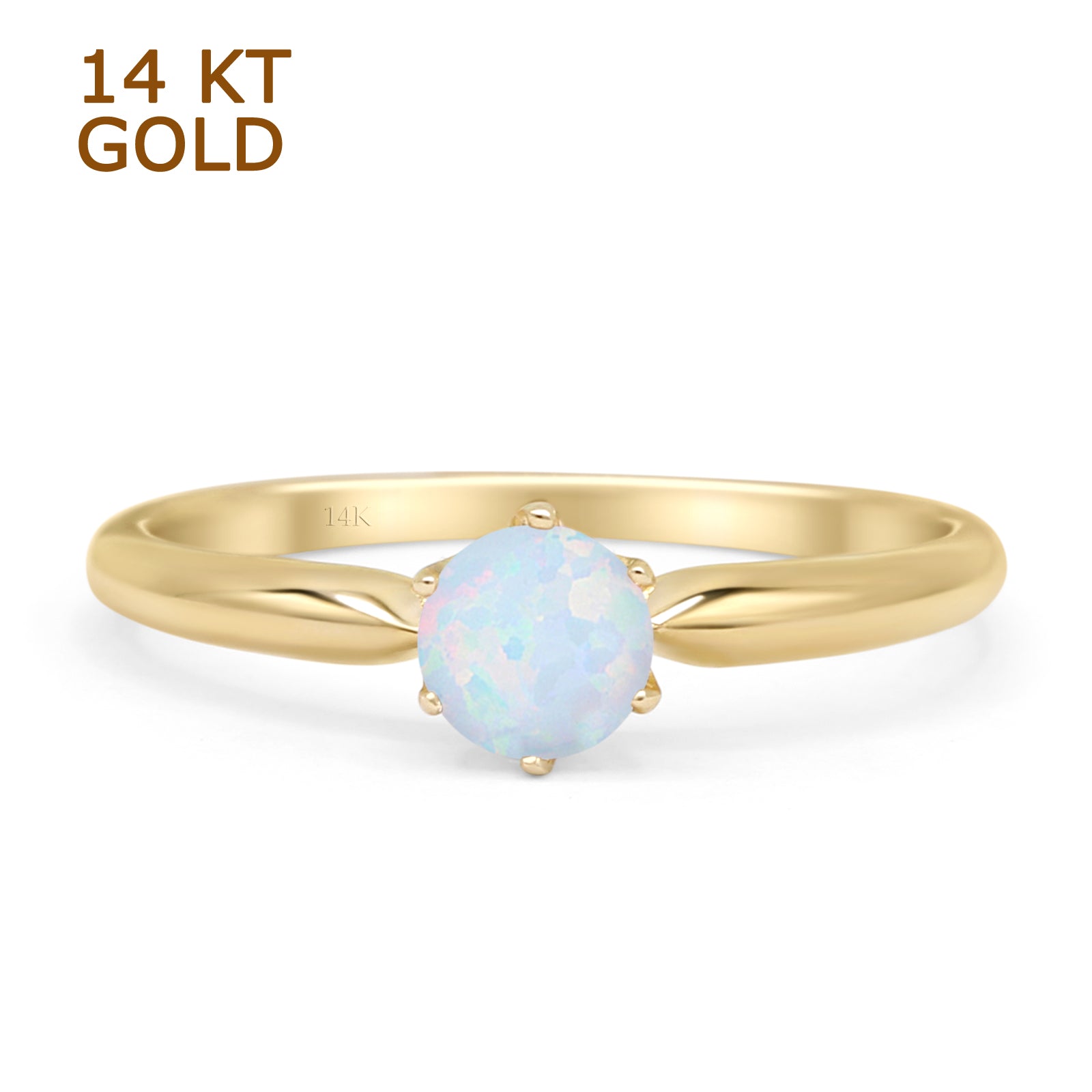 14K Yellow Gold Round Lab-Created White Opal Solitaire Ring for Women - Elegant Engagement, Wedding, Anniversary & Everyday Jewelry Gift