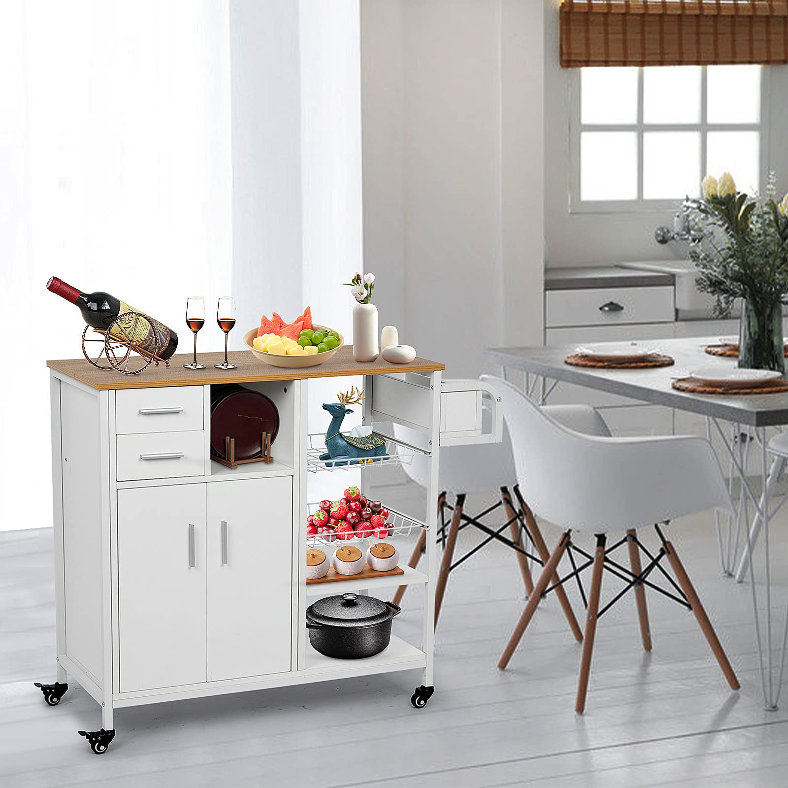 Portable Solid Wood Kitchen Island Cart with Wheels - 250lbs Capacity Utility Storage Cart for Home Kitchen, Dining Room & Bar Serving | Perfect for Small Spaces, Entertaining & Extra Counter Space (White)