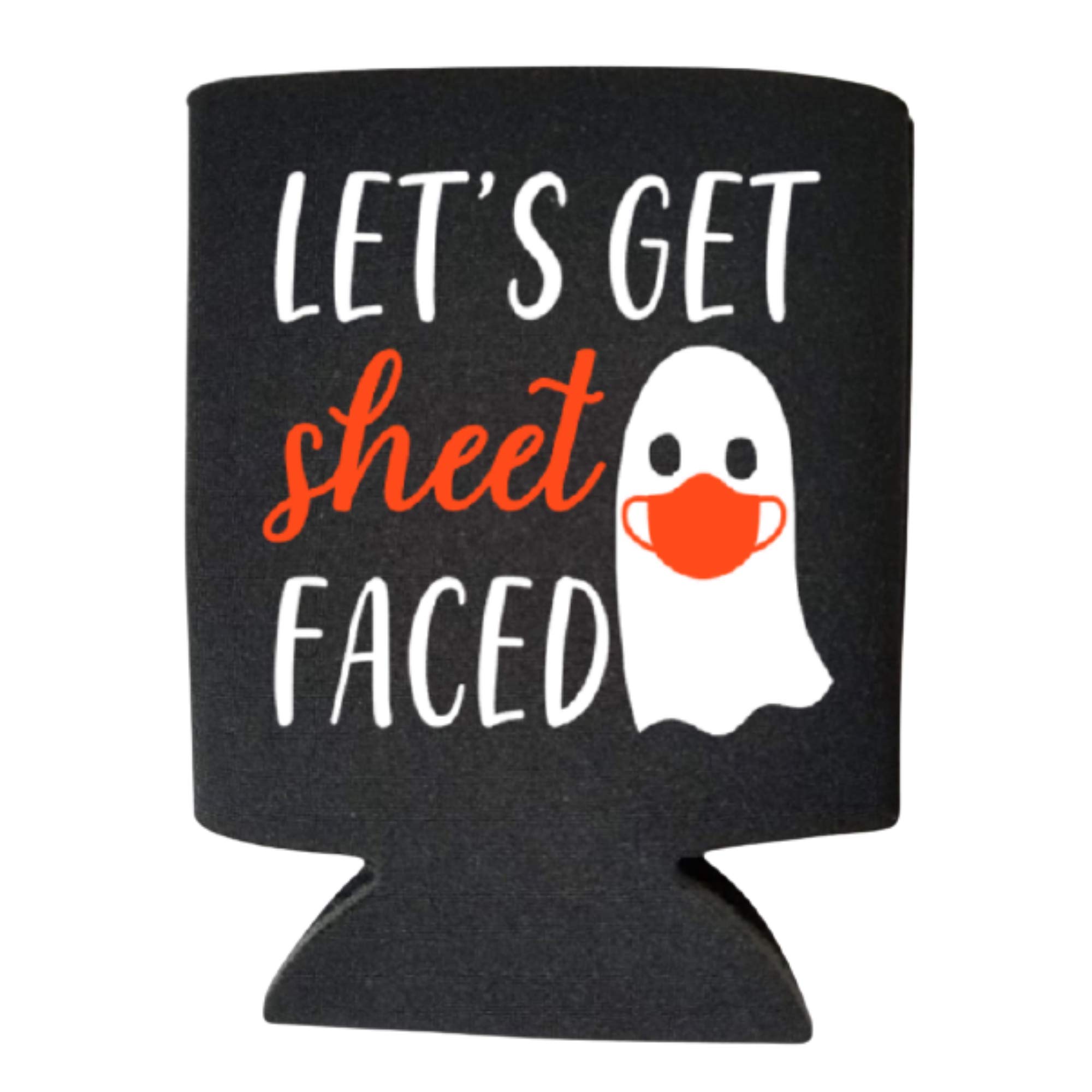 Funny Halloween Can Cooler - 'Let's Get Sheetfaced' Ghost Design - Insulated Beer Bottle Holder for Halloween Parties, Trick or Treating & Spooky Gatherings