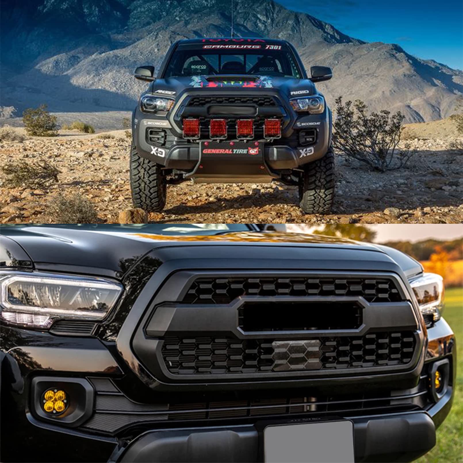 2016-2022 Toyota Tacoma Front Bumper Grille Hood Grill - Matte Black Hollow Mesh Design with Accessories | Off-Road Upgrade & Custom Styling for Pickup Trucks