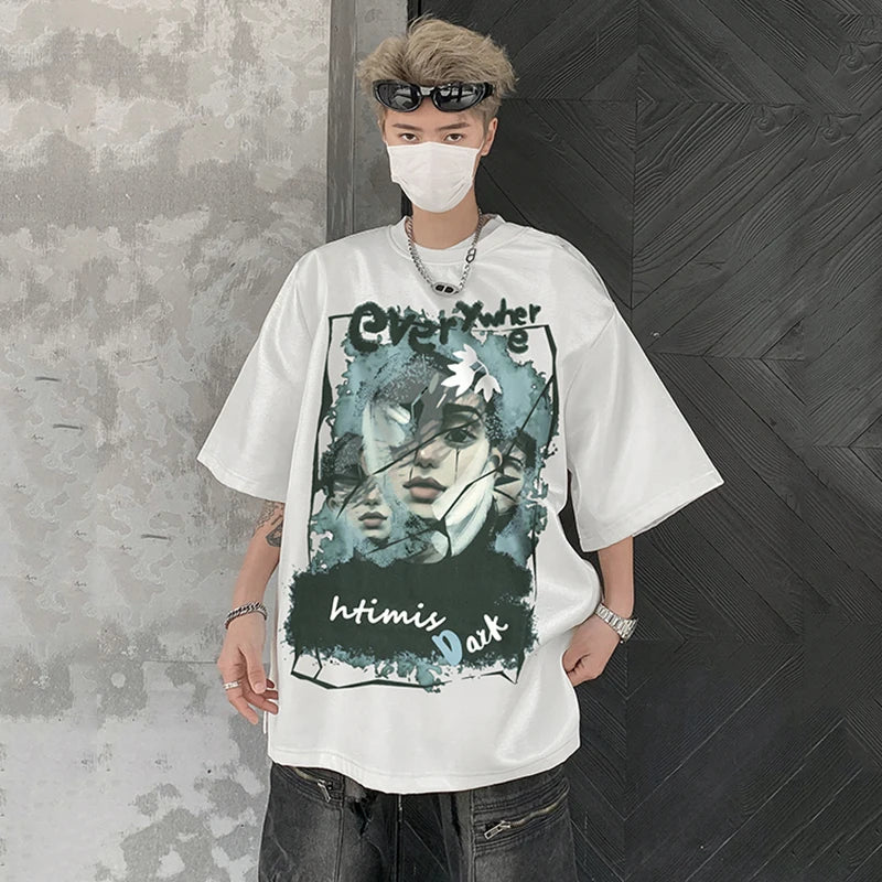 American Style Men's T-Shirts with Shoulder Pads & Cartoon Print - Round Neck Short Sleeve Casual Tees for Men | Trendy Streetwear for Everyday Wear, Parties, and Outings
