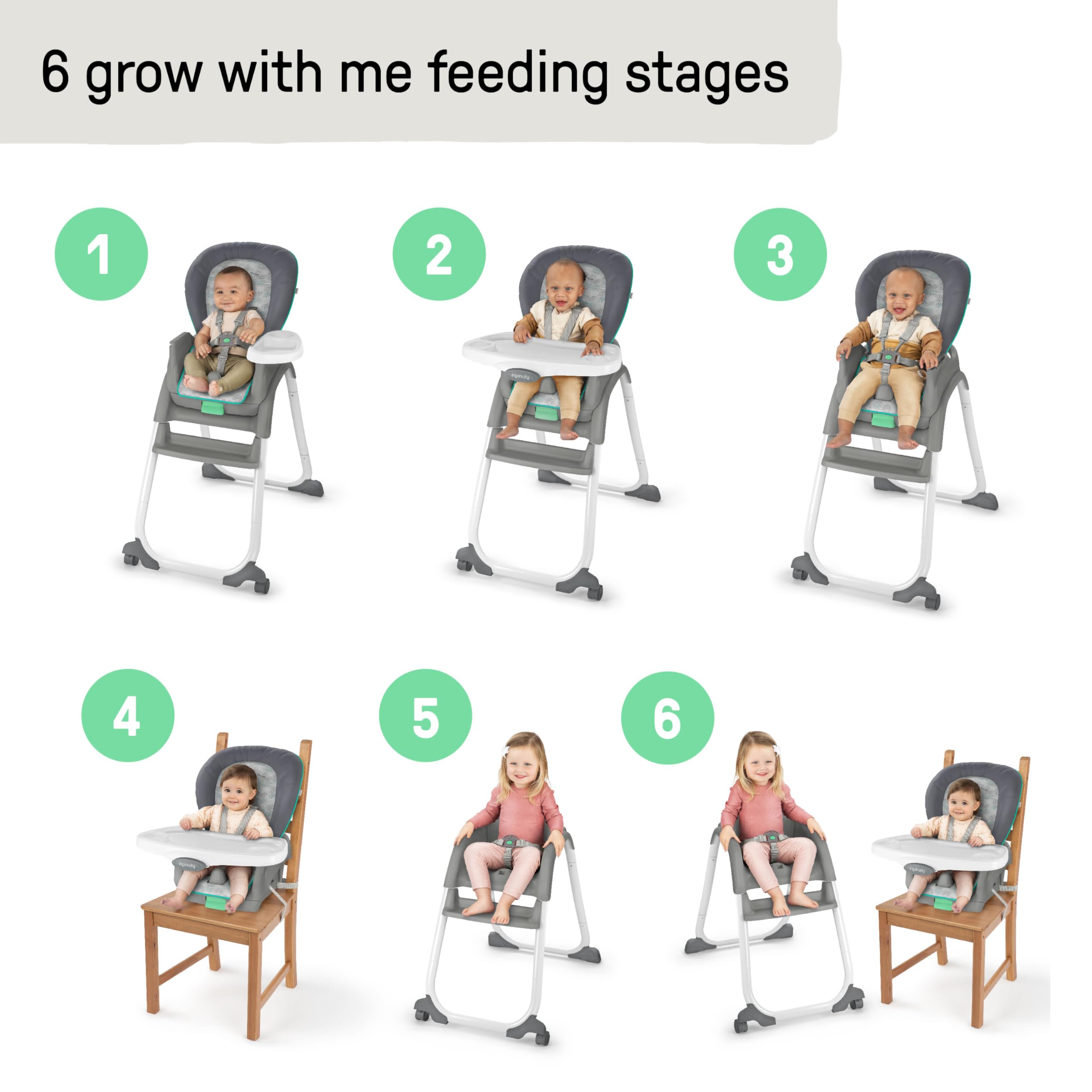 Ingenuity 6-in-1 Convertible High Chair for Babies & Toddlers (0-5 Years) - 6 Adjustable Modes, 2 Dishwasher-Safe Trays, Astro Design (Model 13108) - Perfect for Feeding, Learning & Playtime at Home or Daycare