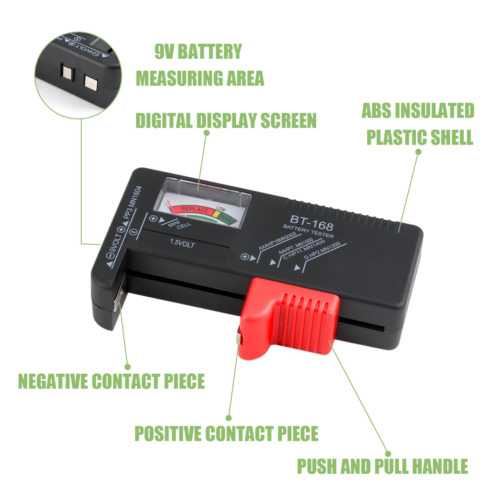 Universal Battery Tester for AA AAA C D PP3 9V 1.5V Button Cells - Digital LCD Display Battery Checker - No Battery Required - Ideal for Testing Old Batteries (Model: BT-168) - Perfect for Home, Office, and Electronics Repair Shops