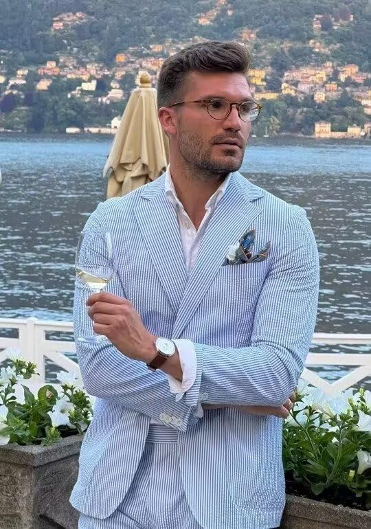 Men's Blue Seersucker Summer Suit - Slim Fit Wedding Groom Formal Attire | Lightweight Breathable Seersucker Fabric for Outdoor Ceremonies & Summer Events