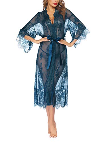 Avidlove Women's Sexy Long Lace Lingerie Kimono Robe - Sheer Babydoll Nightgown & Nightdress for Boudoir, Bridal Shower, Honeymoon & Romantic Nights
