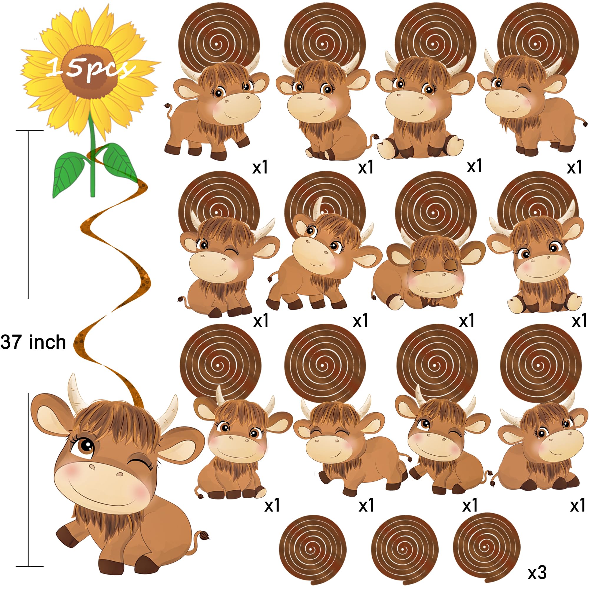 15pcs Highland Cow Hanging Swirl Decorations - Brown Cow Print Party Supplies for Western Theme Birthday, Baby Shower & Kids Events | Perfect for Farm Animal, Rustic & Country Style Celebrations