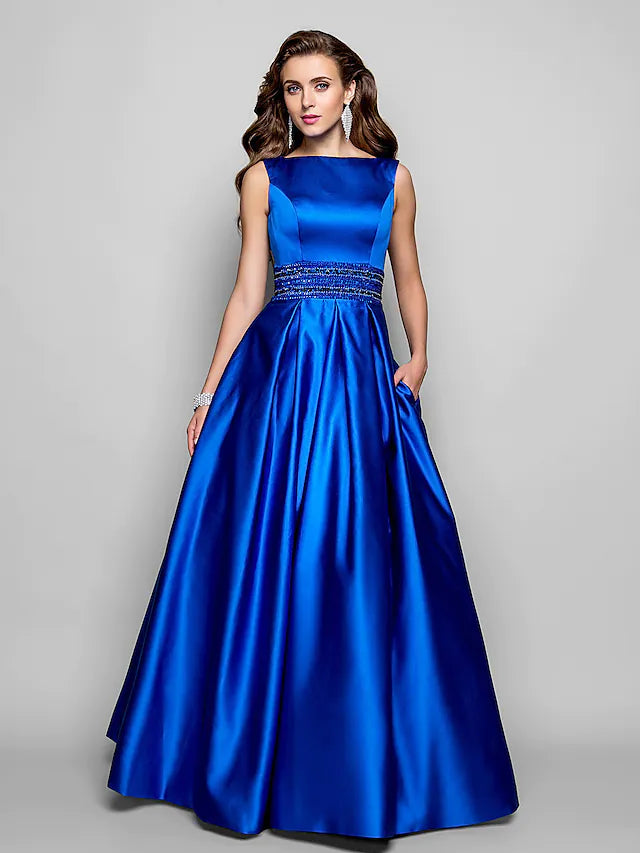 Elegant A-Line Satin Wedding Guest Dress with Pleats & Beading - Floor Length Sleeveless Boat Neck Pocket Formal Gown for Bridesmaid, Evening Party, Prom & Special Occasions