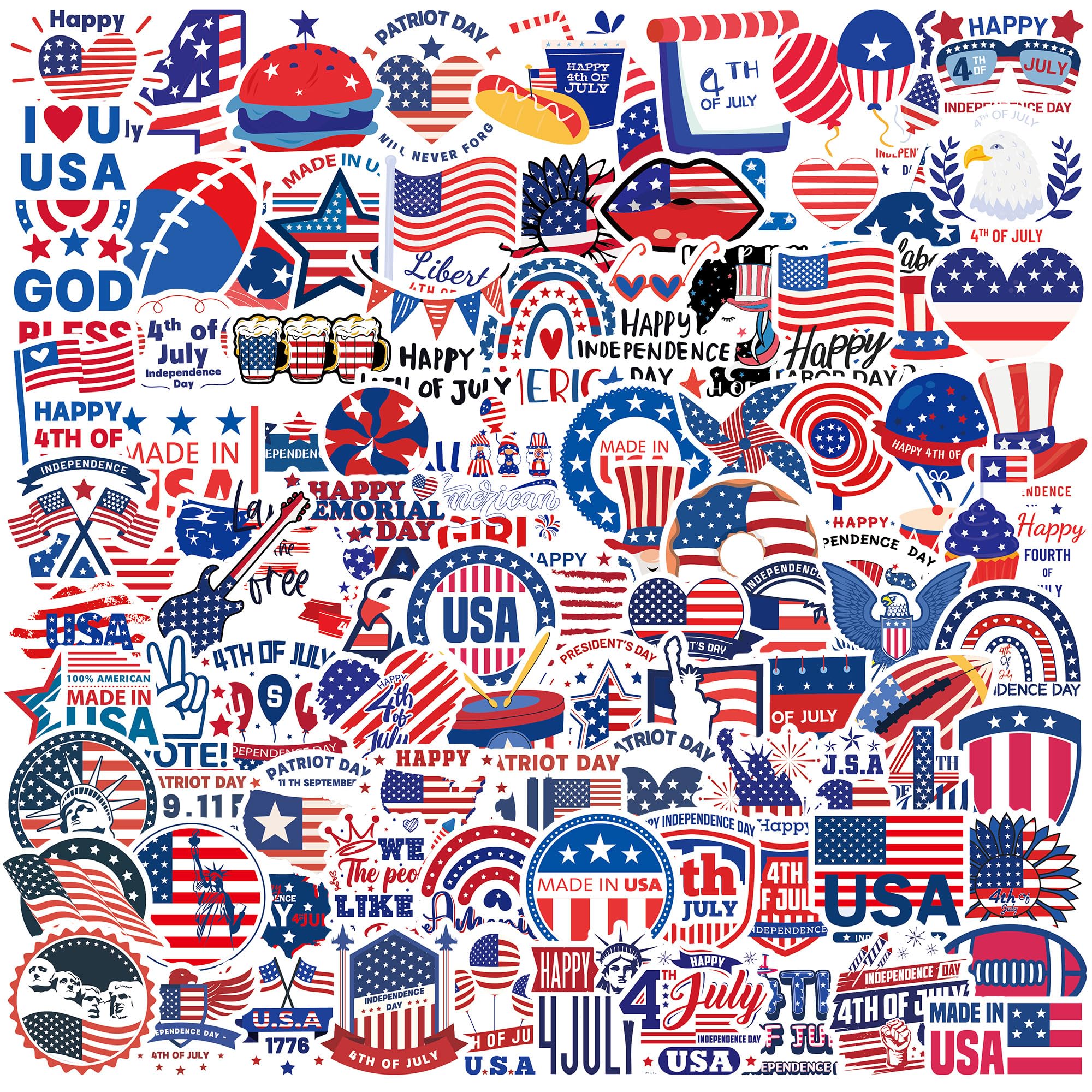 100pcs Patriotic 4th of July Stickers - Independence Day Decals for Water Bottles, Laptops, Luggage & Skateboards | Perfect for Party Favors, Kids Gifts & DIY Crafts | Celebrate American Holidays with Festive Decorations