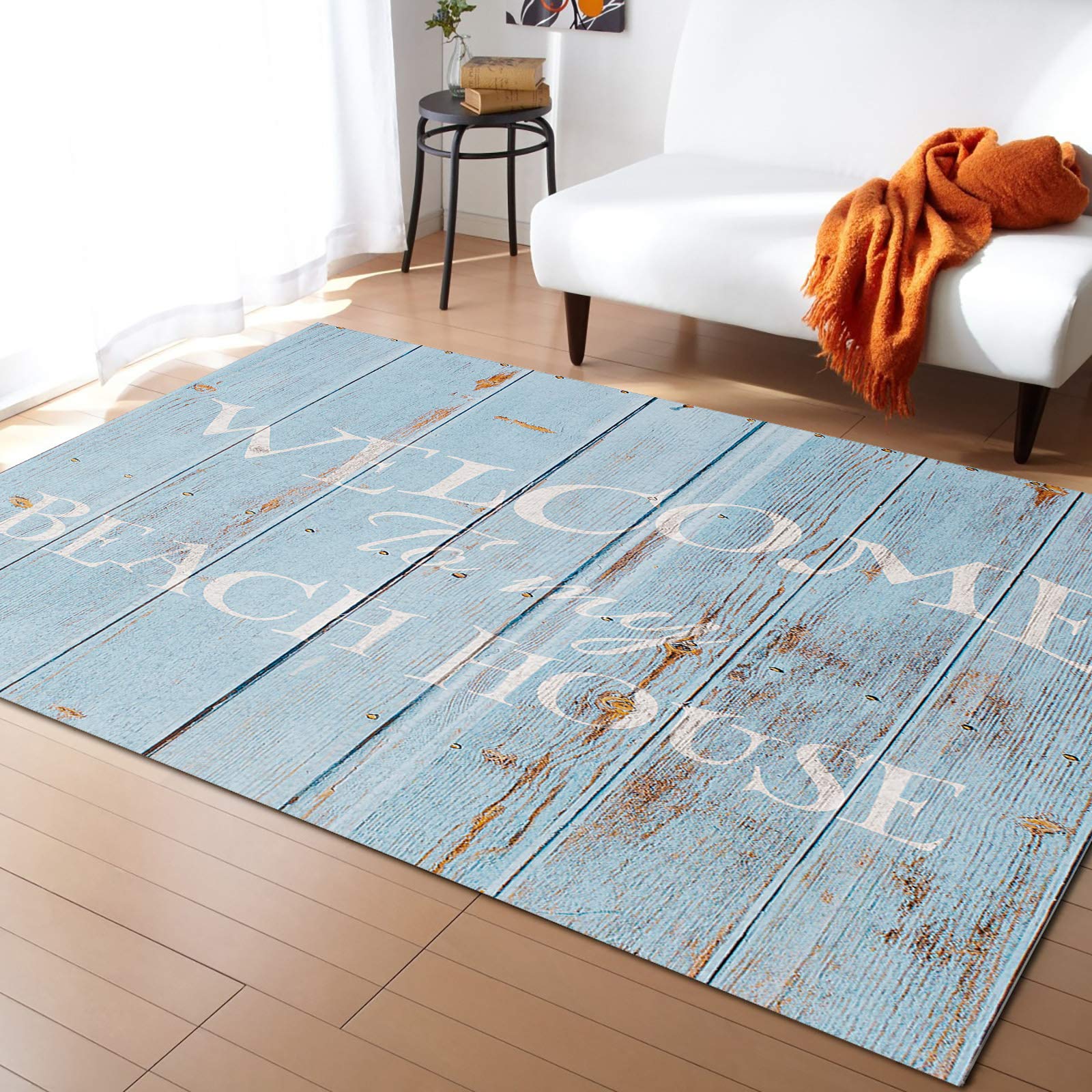 5'x8' Large Rectangle Washable Non-Slip Area Rug - Blue Wooden Board Design with 'Welcome to My Beach House' Text - Perfect for Living Room, Nursery, Bedroom & Home Decor | Cozy Floor Mat for Beach House Theme, Kids Play Area & Standing Comfort