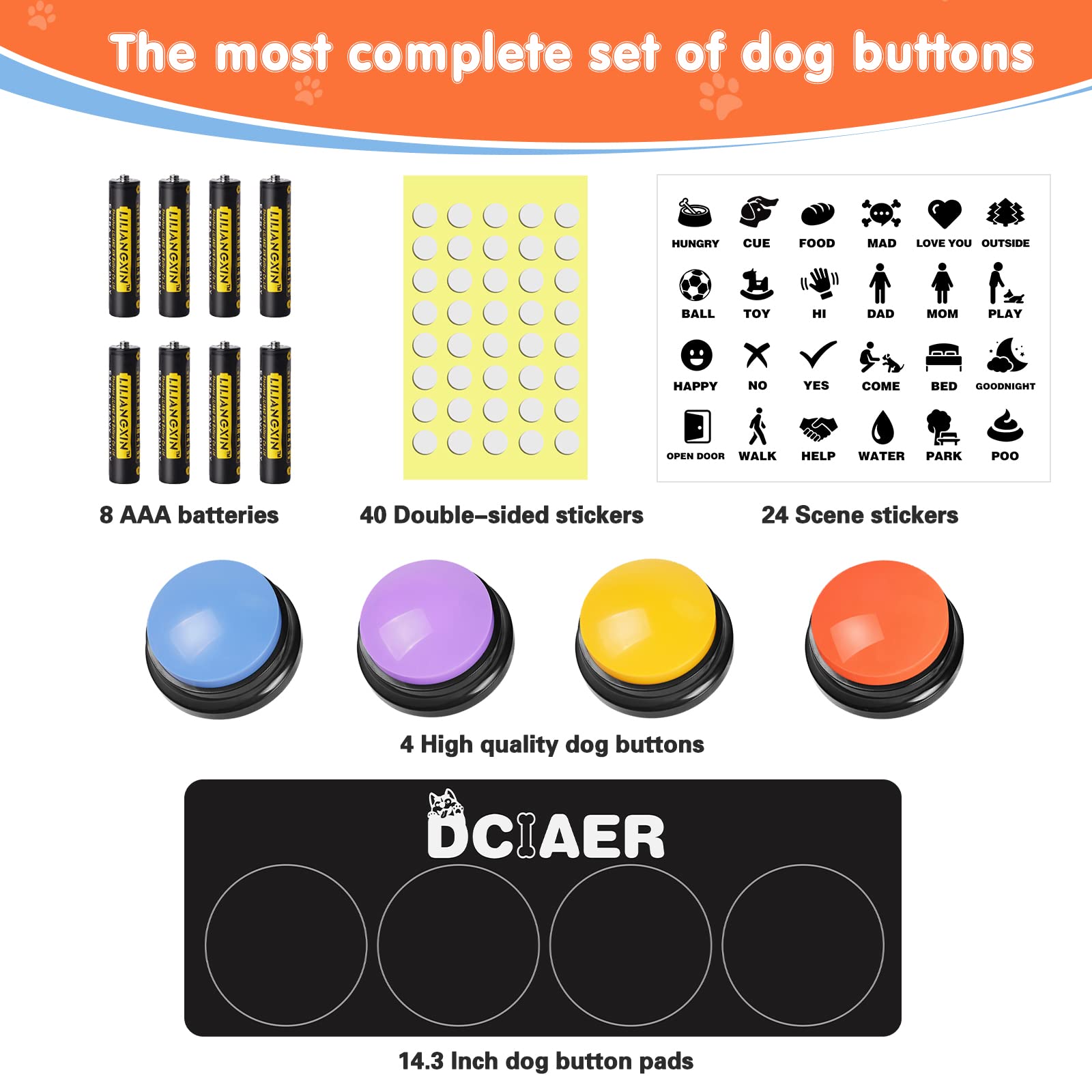 Dog Communication Buttons - 4 Recordable Sound Buttons with 24 Training Scenes & Non-Slip Mat for Pet Training | Includes 8 AAA Batteries | Perfect for Teaching Dogs to Talk & Express Needs