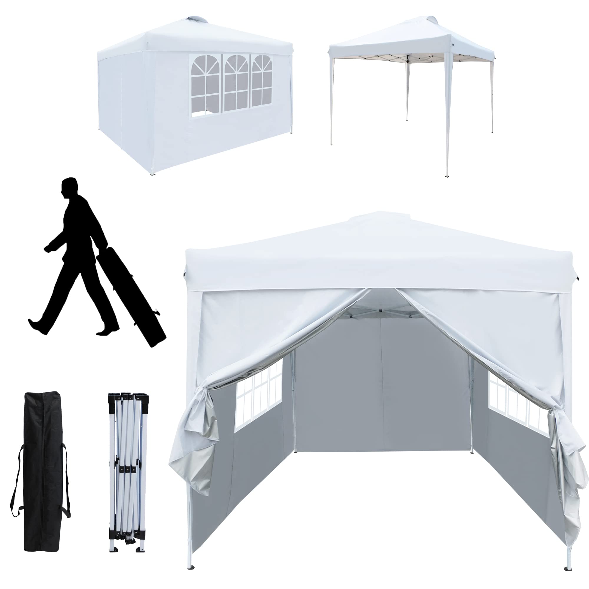 10x10 Pop Up Canopy Tent with 4 Removable Sidewalls - Waterproof Instant Gazebo for Outdoor Events, Parties, Exhibitions & Picnics - Includes Carry Bag, 4 Stakes & Ropes - White - Perfect for Backyard BBQs, Farmers Markets & Beach Outings