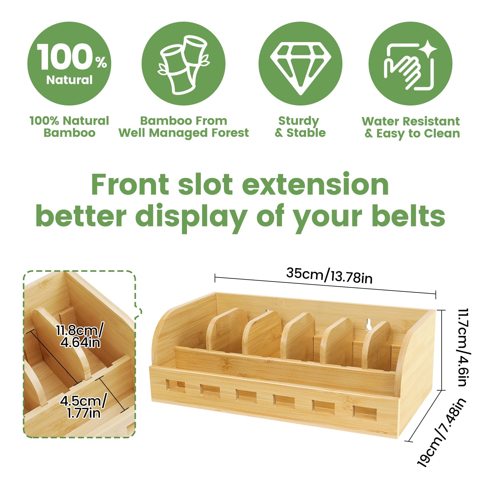 Large Adjustable Bamboo Belt Organizer Box - 6 Grids Belt Rack for Closet, Shelf & Drawer - Wall Mount Tie & Belt Storage Display for Men & Women - Perfect Father's Day Gift (Natural) - Ideal for Bedroom, Closet & Office Organization