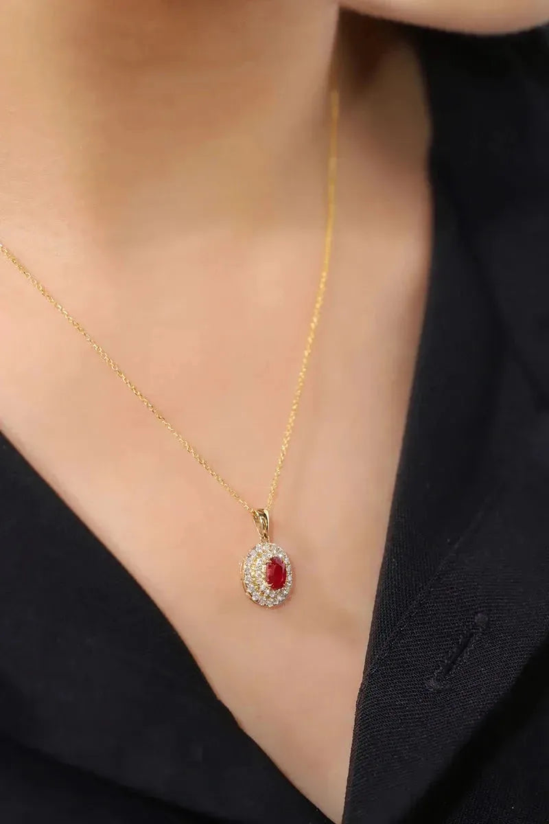 18K Yellow Gold Diamond & Ruby Necklace for Women - Elegant Real Natural Diamond & Ruby Pendant - Perfect for Engagement, Anniversary & Special Occasions