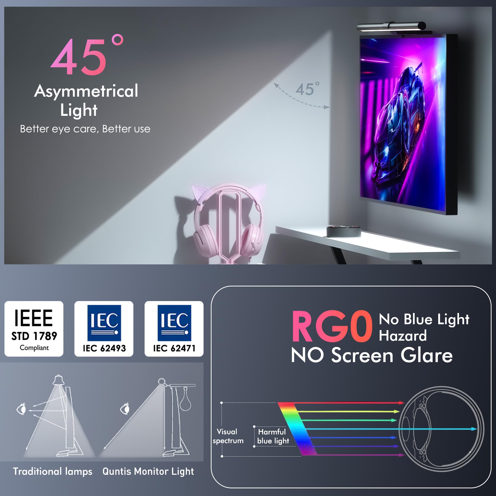 Quntis 51cm USB Computer Monitor Light Bar with Remote Control - 88+32 LED RGB Gaming Desk Lamp, 15 Color Adjustable Ambient Lighting for PC Screen | Perfect for Gaming Setup, Home Office & Nighttime Computer Use