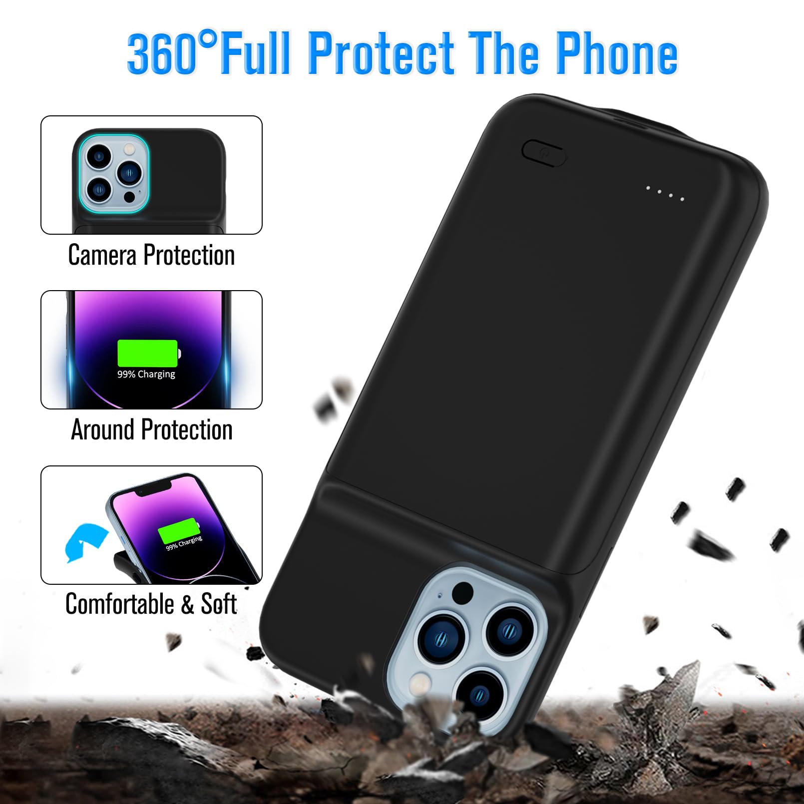 Gladgogo 8500mAh Extended Battery Case for iPhone 14 Pro Max (6.7 inch) - Protective Charging Cover & Portable Power Bank - Perfect for Travel, Work & Outdoor Activities - Black