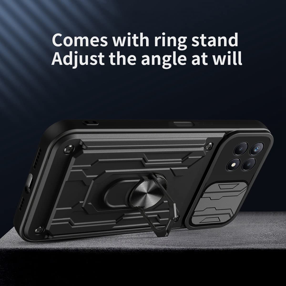 Heavy Duty Magnetic Ring Kickstand Phone Case for Oppo Realme 8i - Shockproof Protective Cover with Card Holder & Slide Camera (LJK Blue) | Perfect for Outdoor Activities, Travel & Daily Use