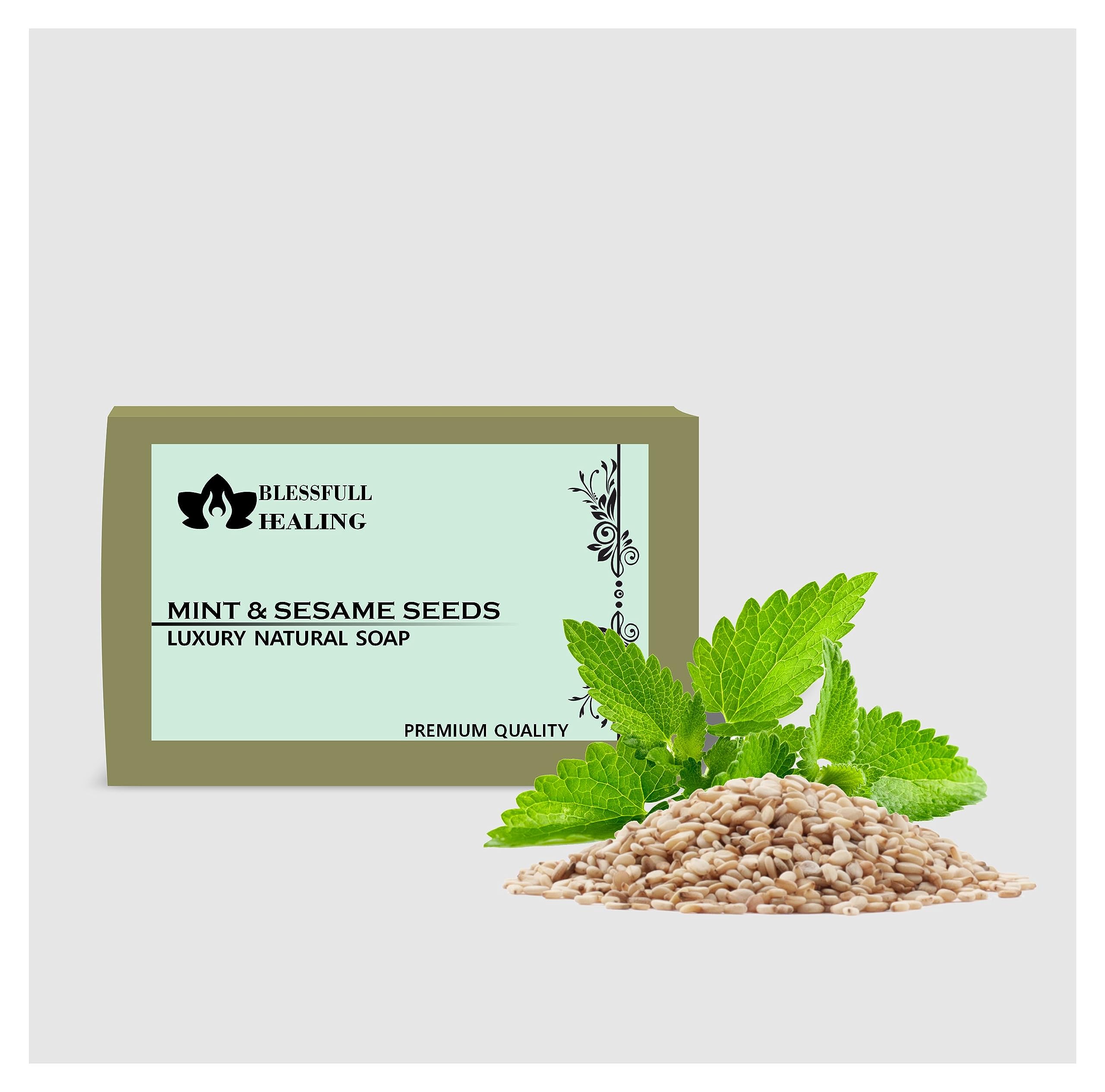 Premium Handmade Natural Soap Bar with Mint & Sesame Seeds - 4.4 oz (125g) - Moisturizing & Exfoliating for Sensitive Skin - Perfect for Daily Face & Body Cleansing, Spa Day & Gift Sets