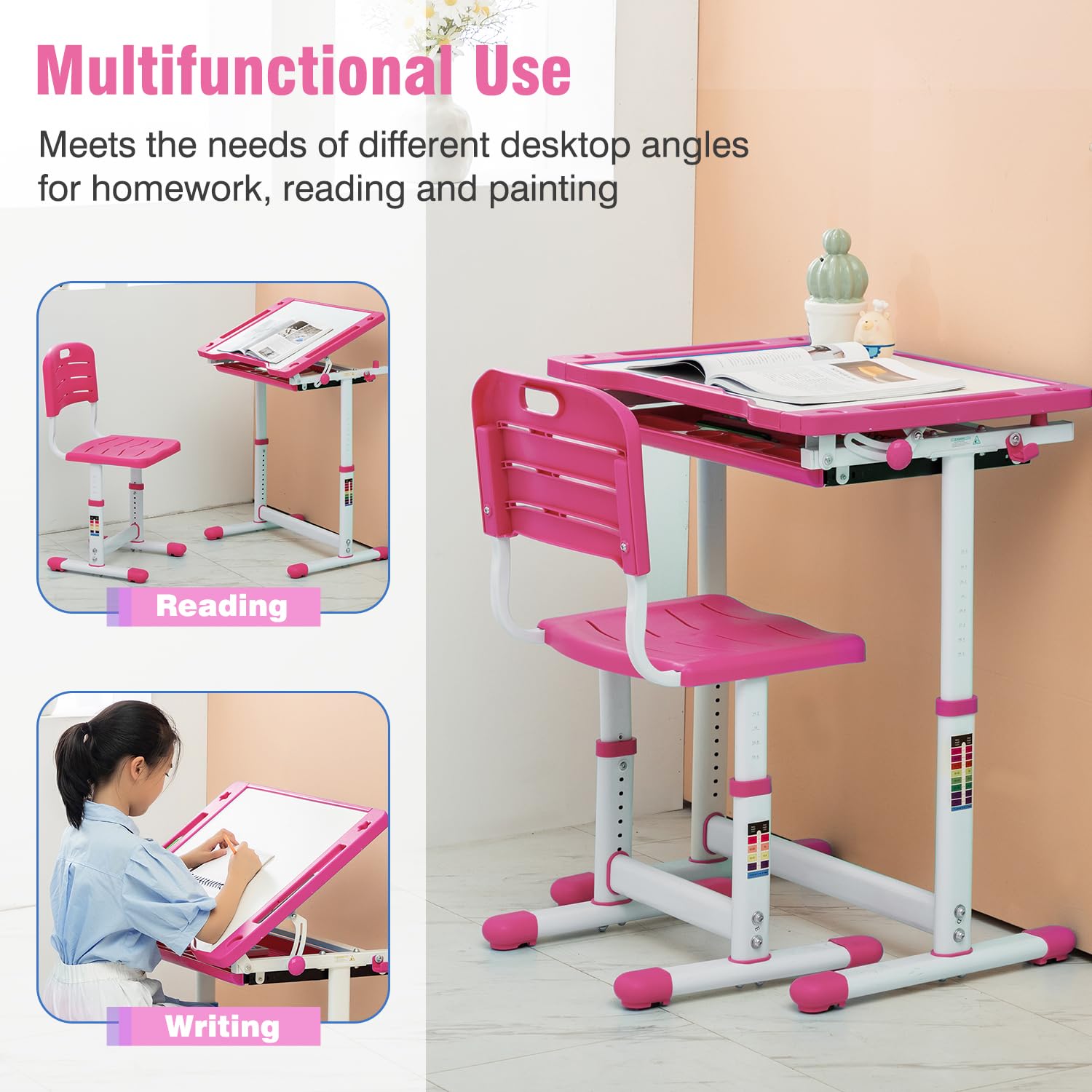 Adjustable Kids Study Desk and Chair Set with Storage Drawer - Multifunctional Children's Writing, Reading & Drawing Table - Perfect for Homeschooling, Bedroom & Playroom (Pink)