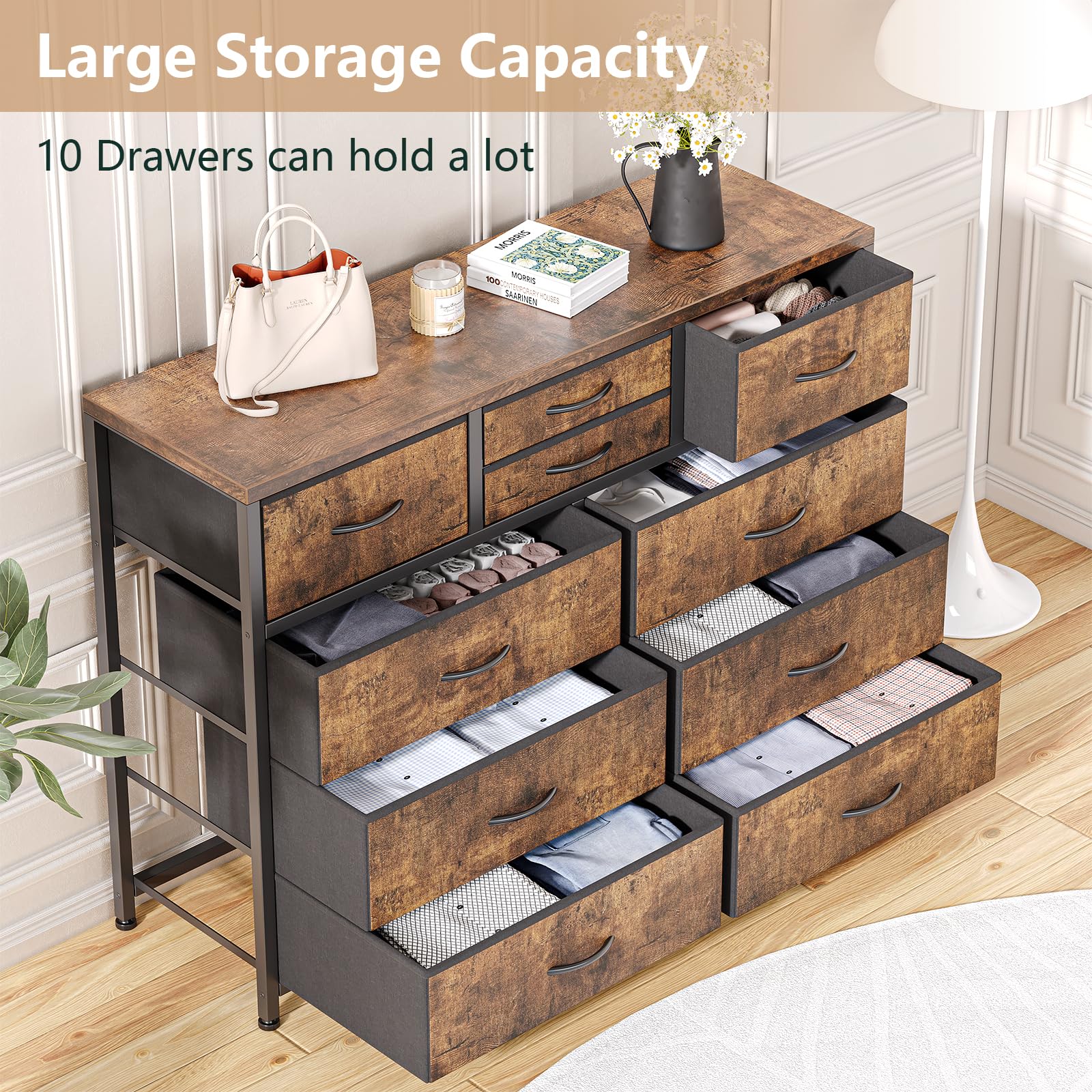 Jojoka 10-Drawer Wide Dresser with Steel Frame & Wood Top - Rustic TV Stand Entertainment Center, Fabric Storage Cabinet for Bedroom, Hallway, Nursery & Closet Organization | Perfect for Small Space Living & Home Decor