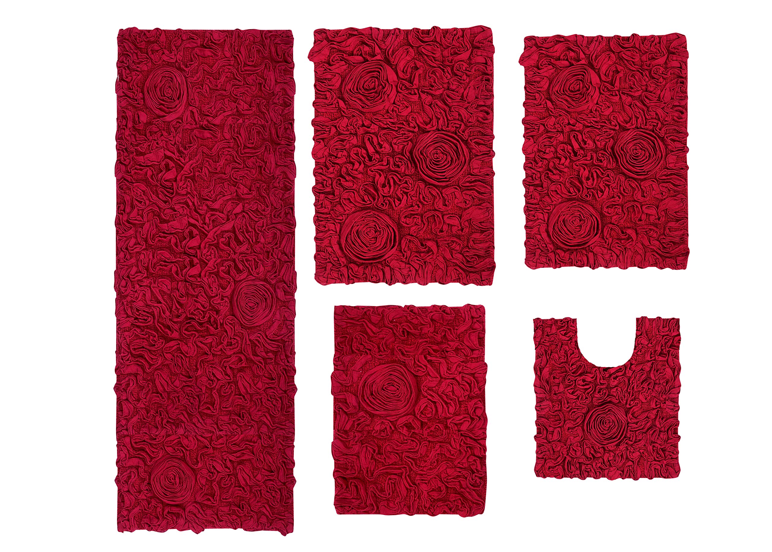 Home Weavers Bell Flower Collection 100% Cotton Tufted Bath Rugs - Ultra Soft & Absorbent Non-Slip Bathroom Mats Set (5-Piece with Runner) - Machine Washable Floor Mats for Bath & Shower - Perfect for Cozy Bathrooms & Spa-Like Retreats (Red)