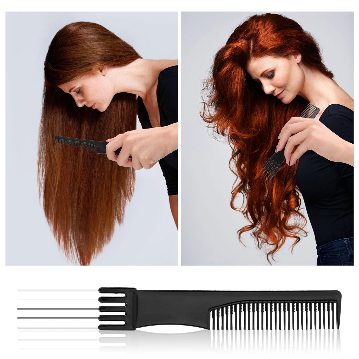 2-Pack Black Metal Prong Pick Combs for Hair Styling - Double-Head Parting & Teasing Comb with Metal Pick Fork for Fine, Medium & Thick Hair - Perfect for Salon Professionals & Home Hair Care (Great for Creating Volume & Sectioning Hair)