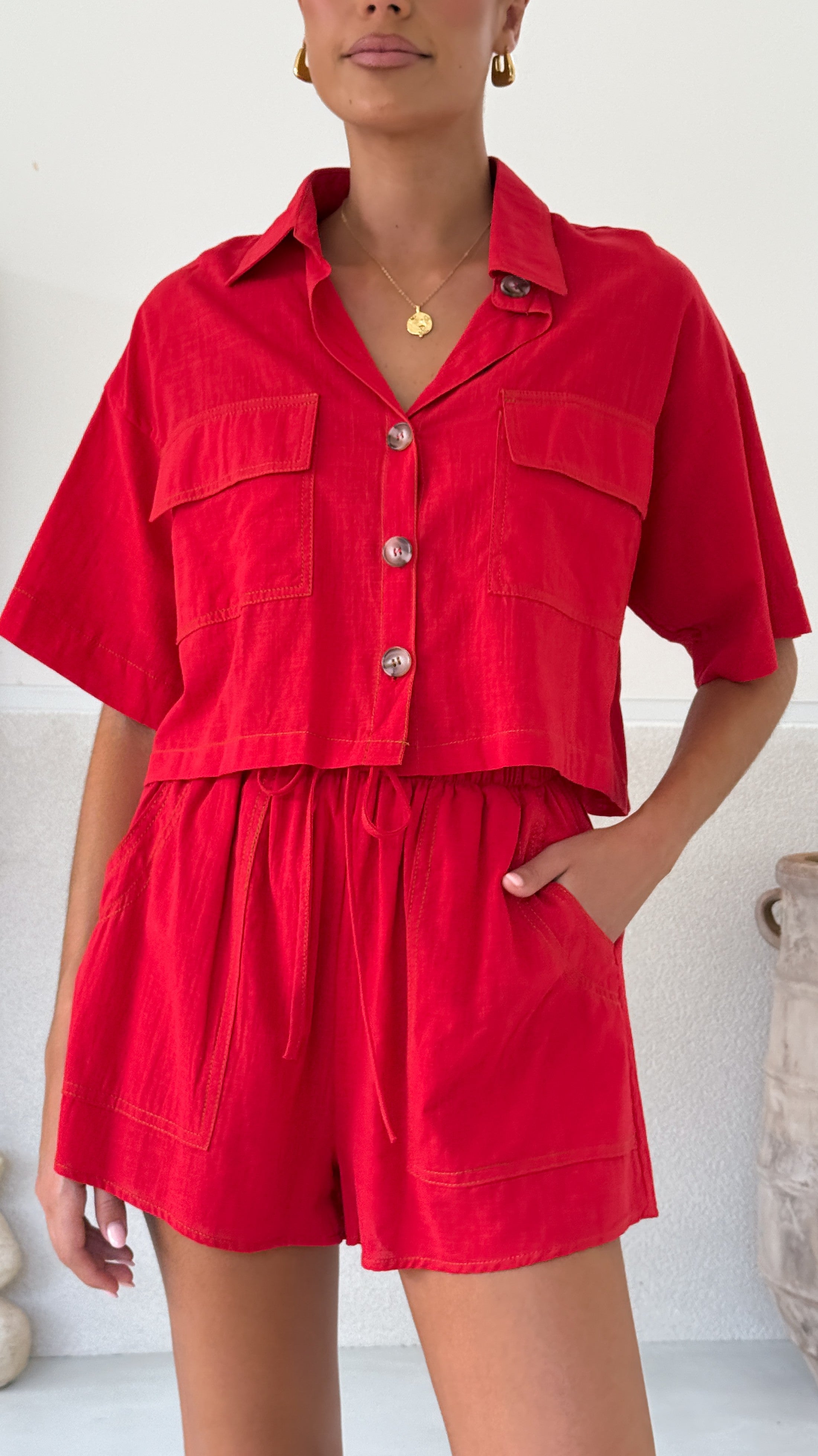 Bridgette Cropped Shirt and Shorts Set - Women's Summer Outfit in Red | Casual Streetwear, Beach Vacation, and Party Wear