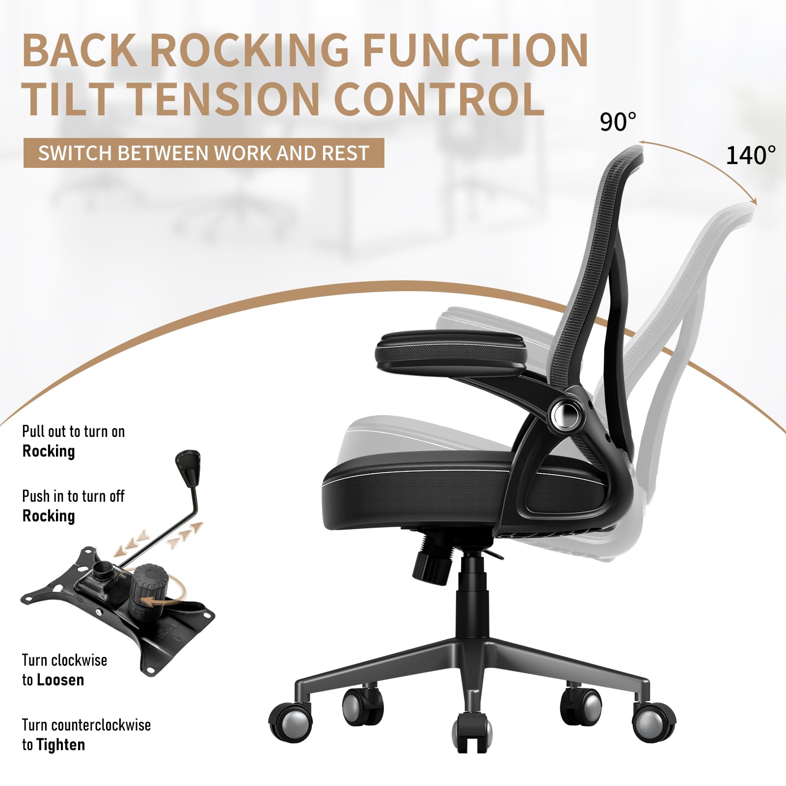 Ergonomic Office Desk Chair - PU Leather Home Office Chair with Mesh Mid-Back & Flip-Up Armrests, Black Executive Task Chair for Computer Work, Gaming & Long Sitting Comfort