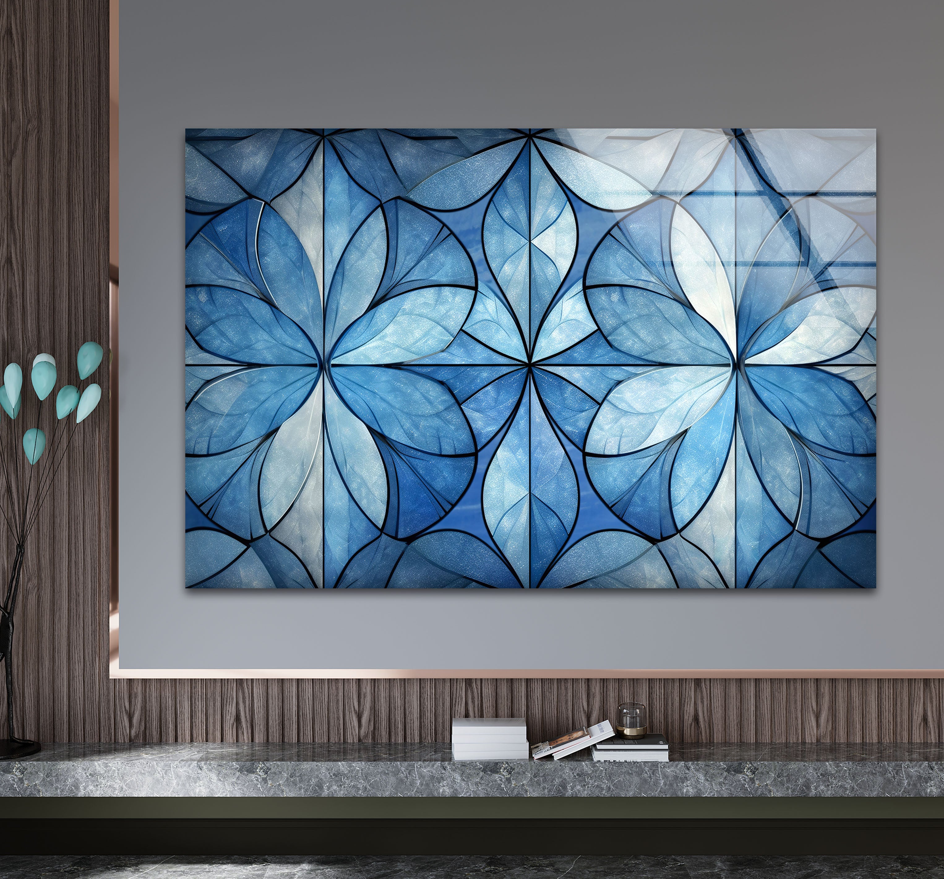 Blue Floral Geometric Wall Art - Modern Glass Panel with Elegant Petal Design for Home Decor, Living Room & Office