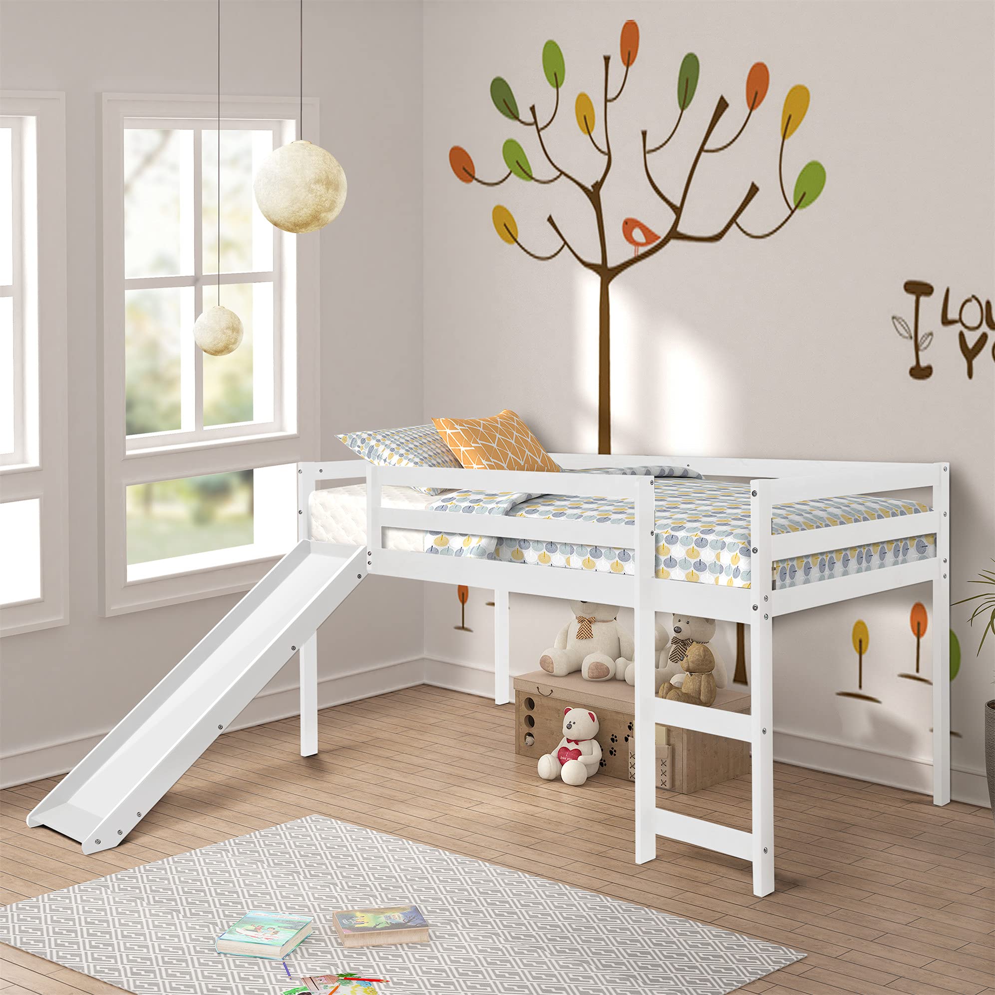 Harper & Bright Designs Twin Size Low Loft Bed with Slide - White Wooden Kids Bunk Bed Frame for Boys & Girls - Perfect for Small Bedrooms, Playrooms & Dorm Rooms