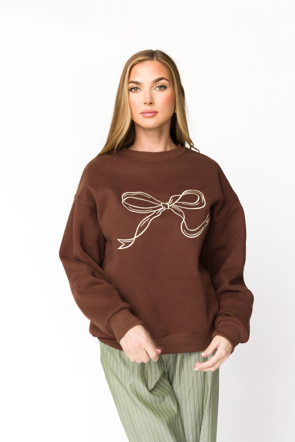 Claire Embroidered Bow Sweatshirt for Women - Chocolate Brown Pullover with Floral Embroidery | Cozy Casual Wear for Fall & Winter | Perfect for Coffee Dates, Shopping & Weekend Outings