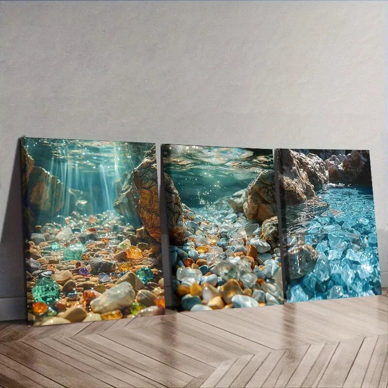 3-Piece Art Deco Modern Water Gem Theme Wall Art Set - Framed Canvas 40x60cm (16x24in) - High Quality Print - 100% Australian Made - Ready to Hang - Perfect for Living Room, Bedroom or Office Decor