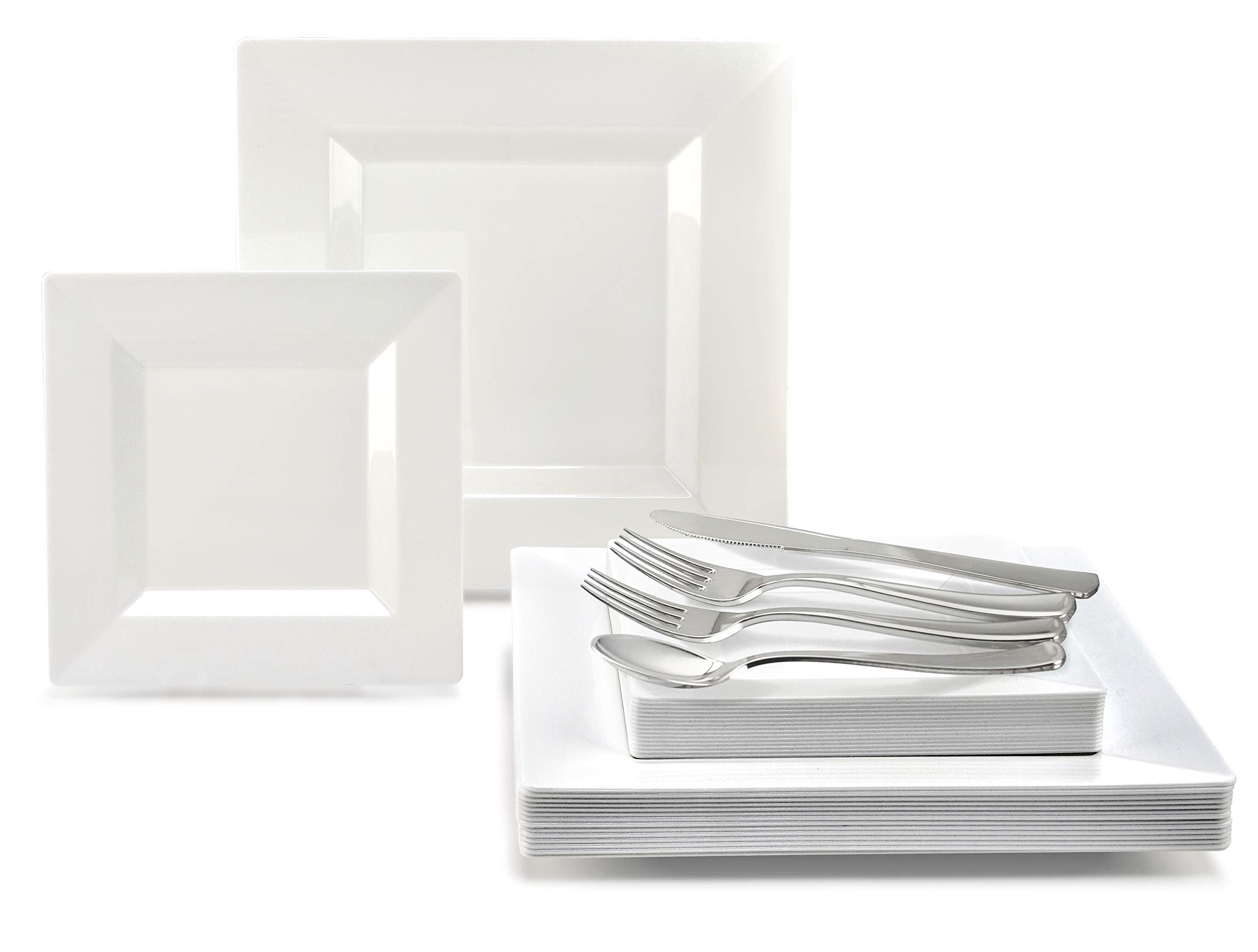 640-Piece Heavyweight Disposable Plastic Plate Set for Weddings & Parties - 80 x 9.5'' Dinner Plates, 80 x 6.5'' Dessert Plates, Silver Cutlery, Clear Cups & White 3-Ply Napkins - Elegant Tableware for 80 Guests - Perfect for Wedding Receptions, Birthday Parties & Catering Events