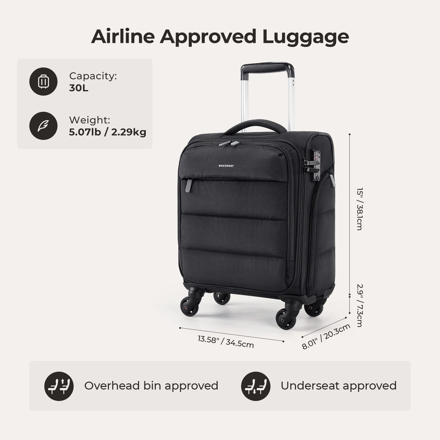 Bagsmart 16-Inch Personal Item Carry-On Luggage - Perfect for Air Travel, Weekend Getaways & Business Trips