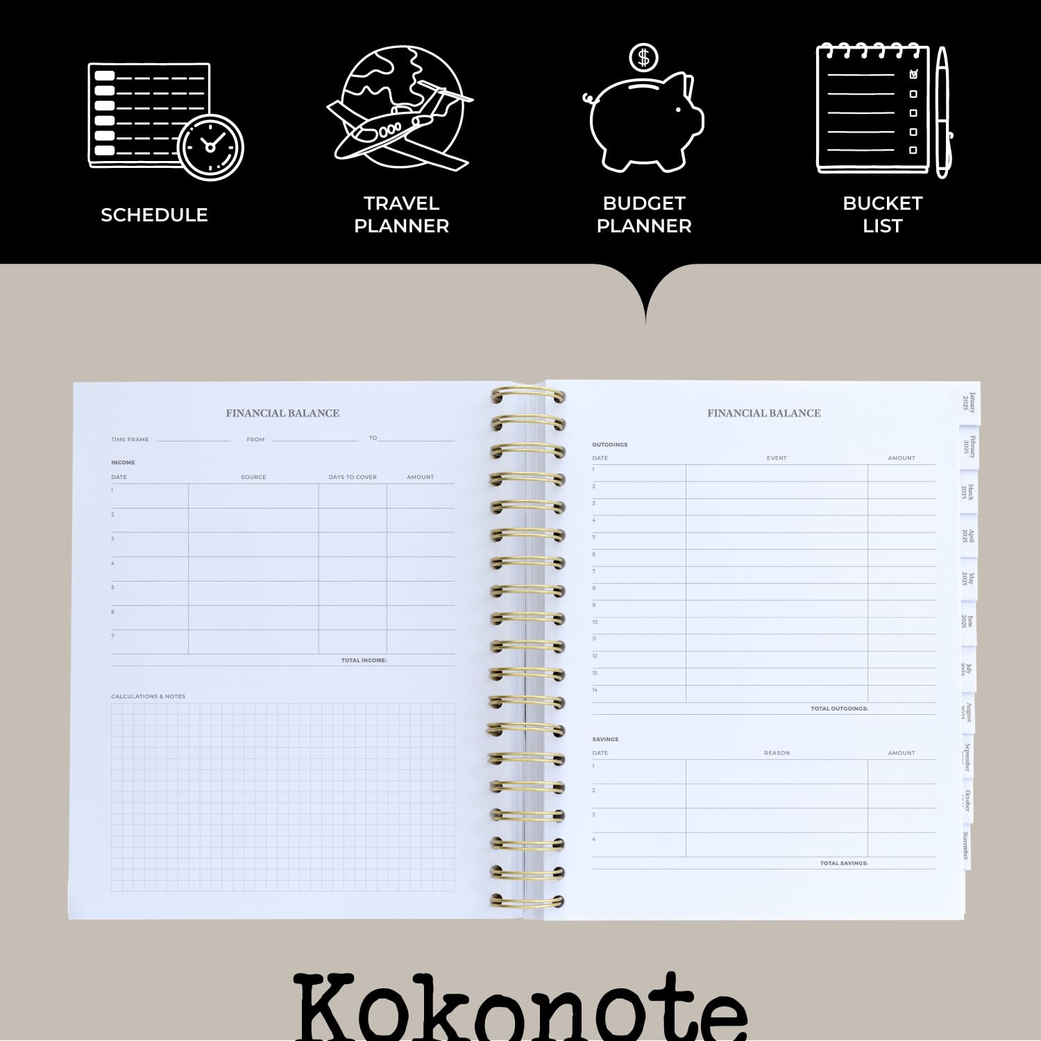 Kokonote 2025 Weekly Planner - Misty Gray Hardcover Diary | 8.3 x 9.8 Inches (21 x 25 cm) | August 2024 - December 2025 Calendar | Includes Stickers & Tabs | Perfect for Office, School & Personal Organization