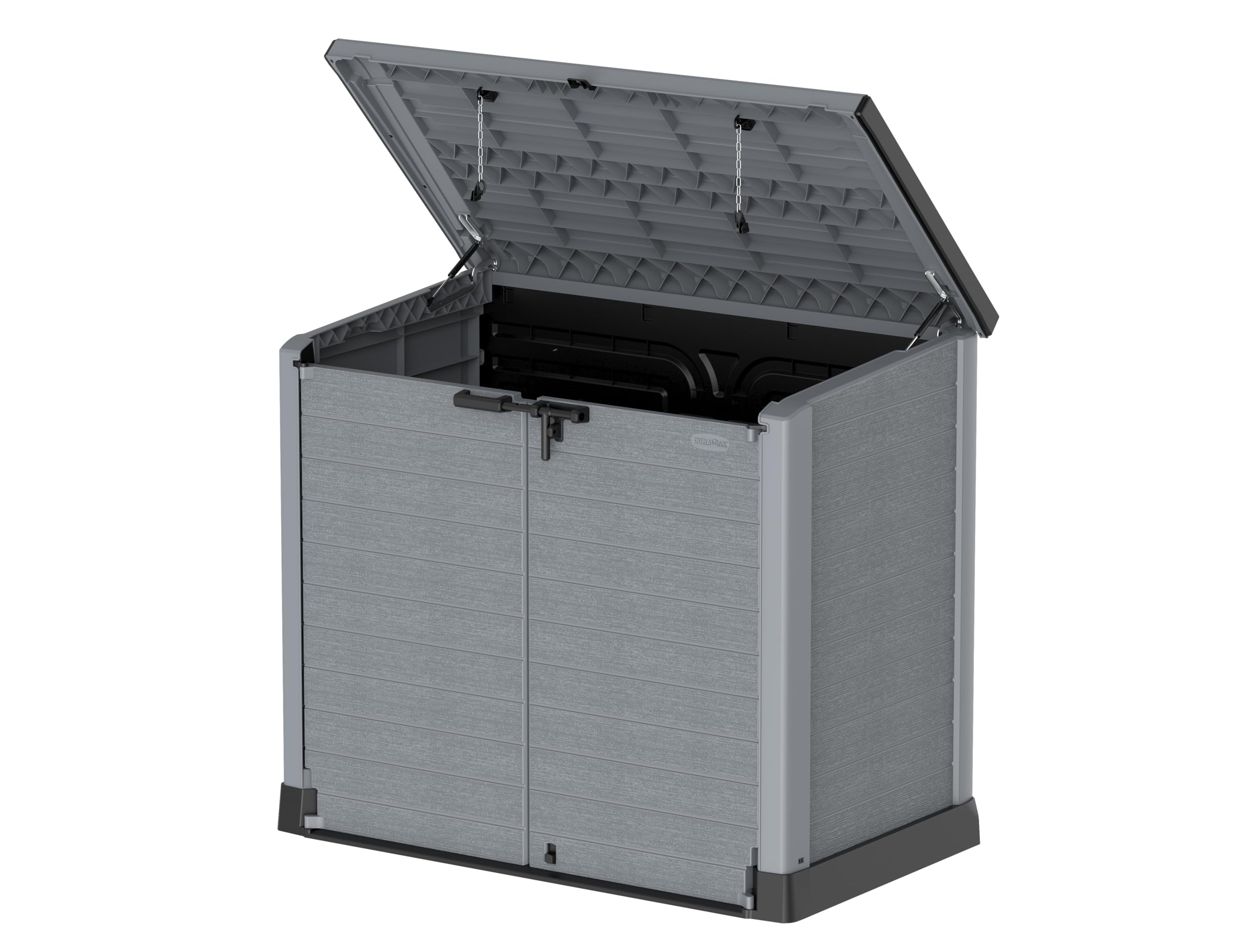 Duramax Cedargrain 1200L Plastic Outdoor Storage Shed with Flat Lid – Heavy-Duty Garden Shed for Bikes, Tools, BBQs & 2X 240L Bins – Weather-Resistant Grey Storage Unit (145x85x125 cm) – Perfect for Backyard, Patio & Garage Organization