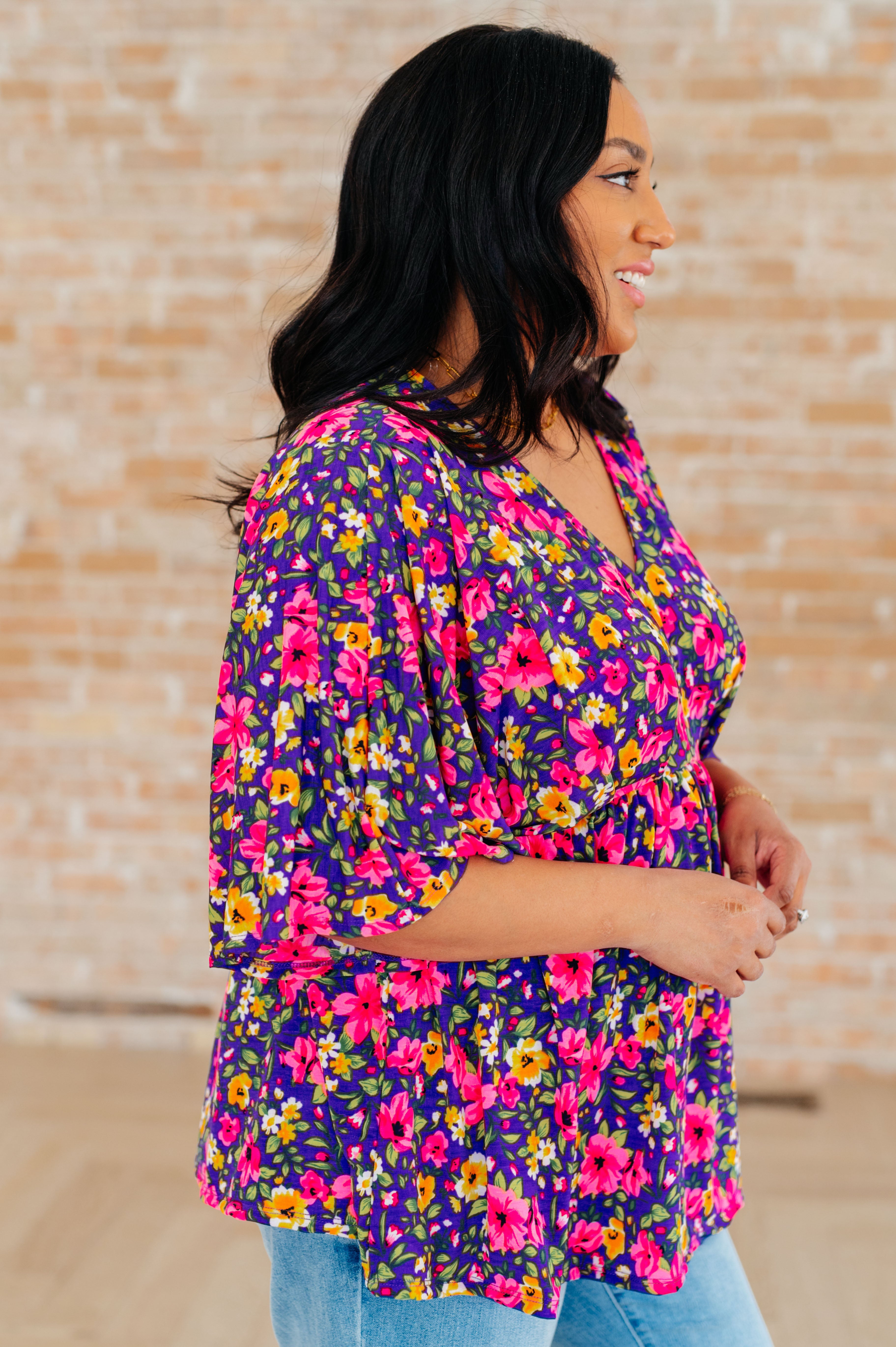 Dreamer Peplum Top - Floral Print Women's Blouse in Purple & Pink | Casual Wear, Office Outfit, Party Dress