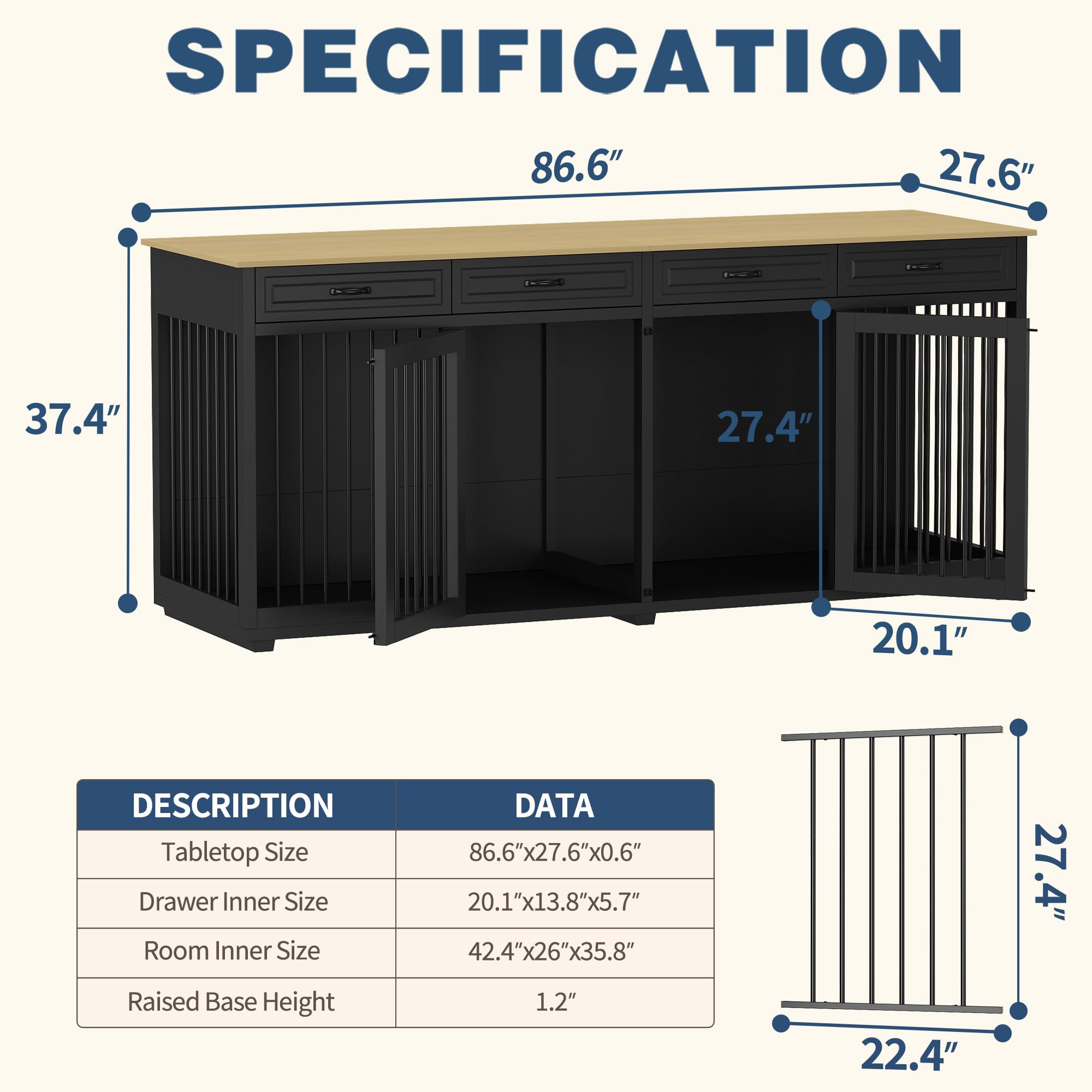 86.6 Inch Large Dog Crate Furniture - Heavy Duty Wooden Dog Kennel with Drawers & Divider, Indoor Dog House with Double Rooms for Large Medium Small Dogs - Perfect for Living Room, Bedroom or Home Office (Black)
