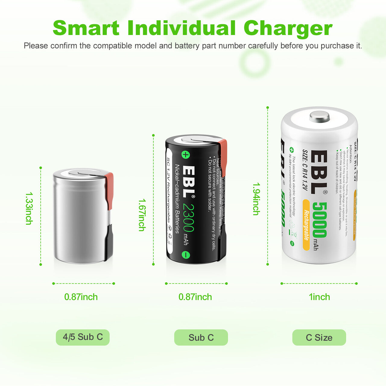EBL Sub C NiCd Rechargeable Batteries 2300mAh - High Capacity Battery Pack for Power Tools, Emergency Lights, and Industrial Equipment - Long Lasting Performance for Heavy Duty Use