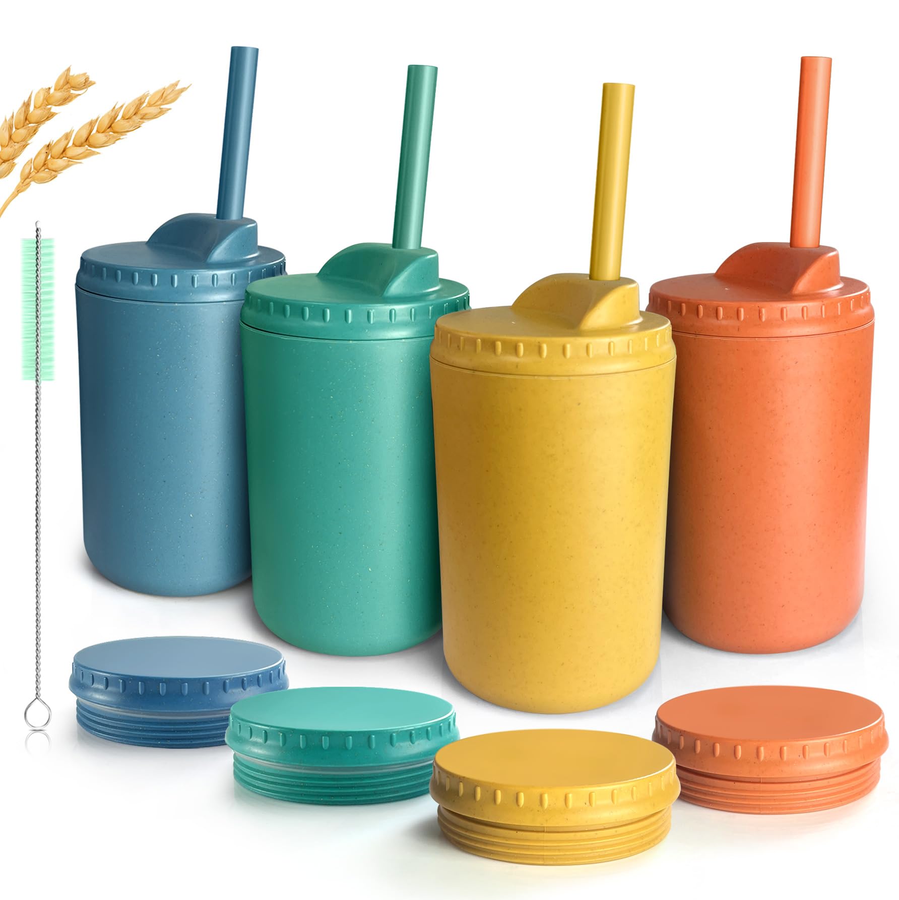 Teivio 4-Pack 10 oz Wheat Straw Kids Cups with Lids & Straws - Reusable Spill-Proof Toddler Drinking Cups, Unbreakable BPA-Free Plastic with Silicone Straws & Cleaning Brush, Dishwasher Safe (Autumn Colors) - Perfect for Home, School, Travel & Outdoor Activities