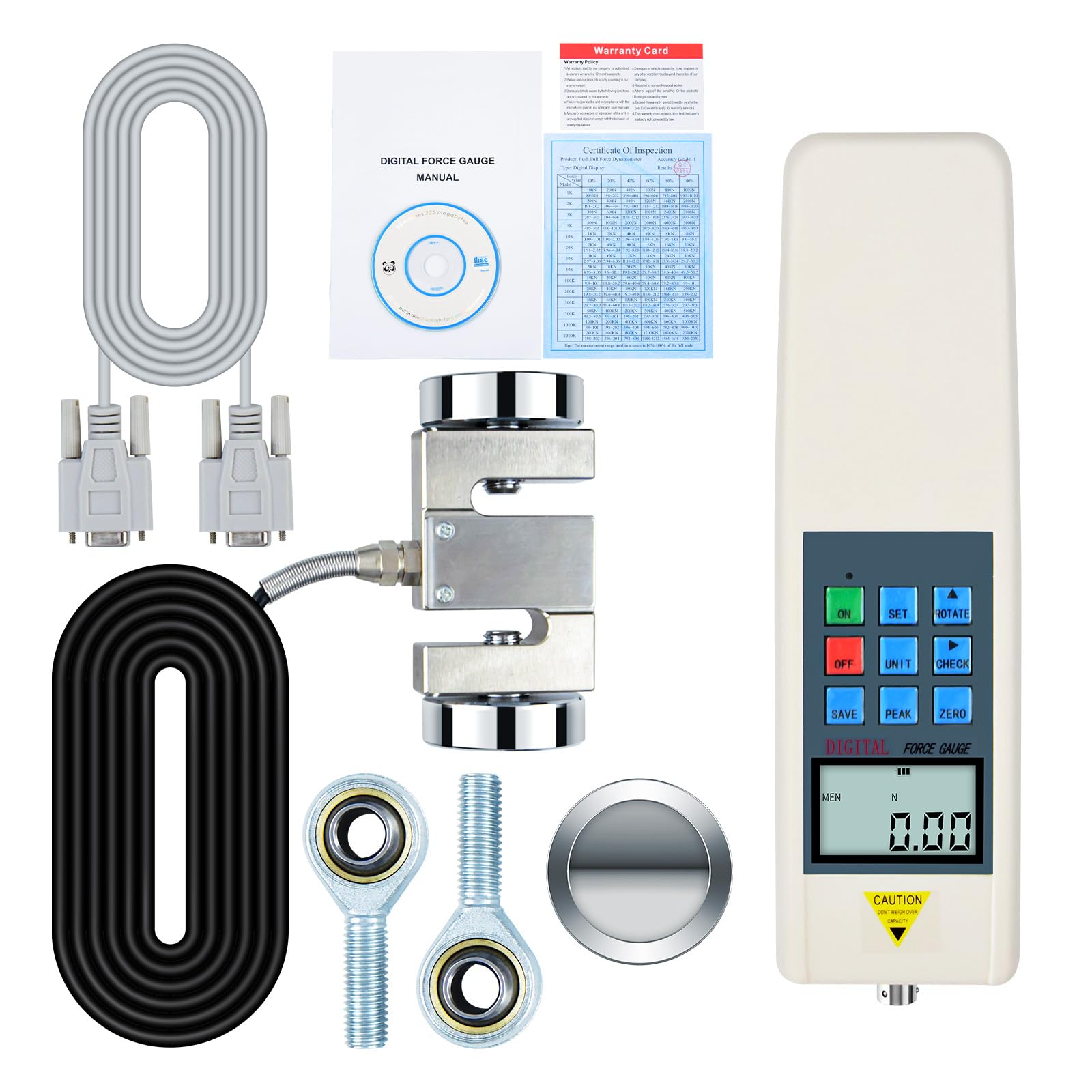 Digital Force Gauge 2000N/450LB/200KG with External Sensor & USB Output - Push Pull Tester for Industrial QC, Electronics Testing, Automotive Parts, Textile Tension Measurement - Perfect for Labs, Factories, and Engineering Applications