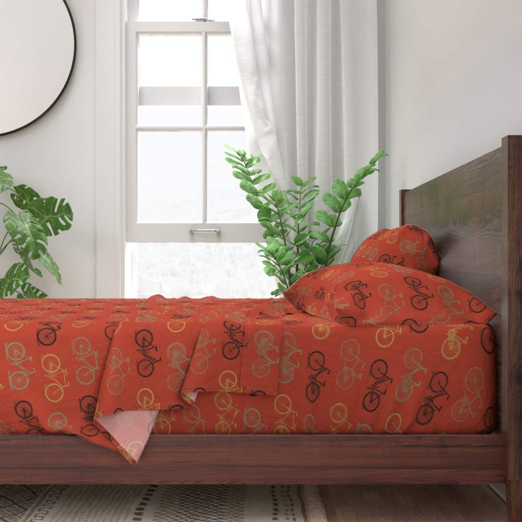 Retro Antique Bicycles Vintage Orange Print 100% Cotton Twin 3-Piece Sheet Set | Custom Bedding for Guest Rooms, Dorm Decor & Vintage Themed Bedrooms