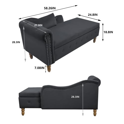 Luxury Velvet Chaise Lounge Chair with Storage - Button Tufted Upholstered Sofa with Lumbar Pillow & Rolled Arms for Living Room, Bedroom, Office - Perfect for Reading Nook, Home Theater Seating & Guest Accommodation (Black)